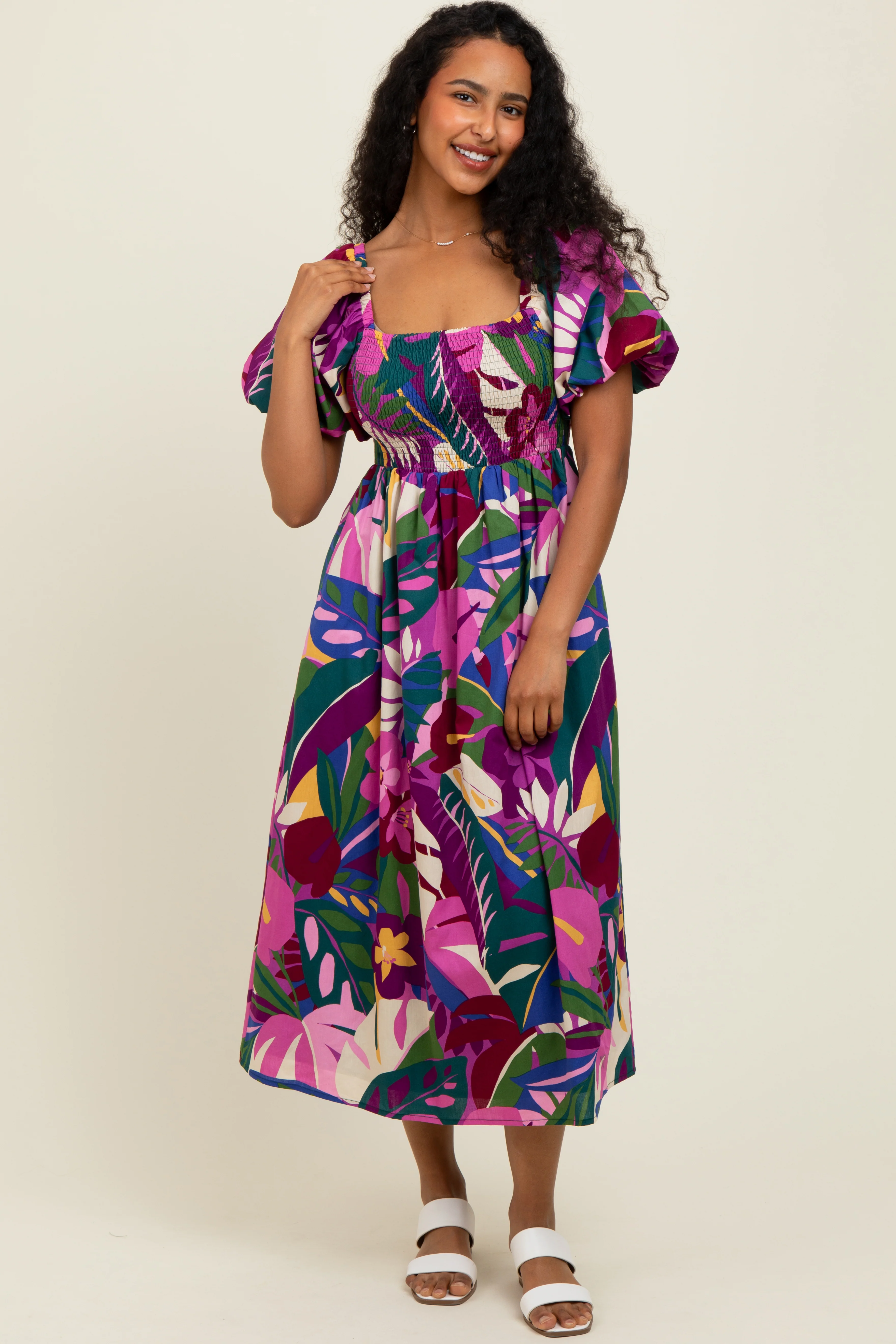 Purple Tropical Smocked Puff Sleeve Midi Dress - Image 2