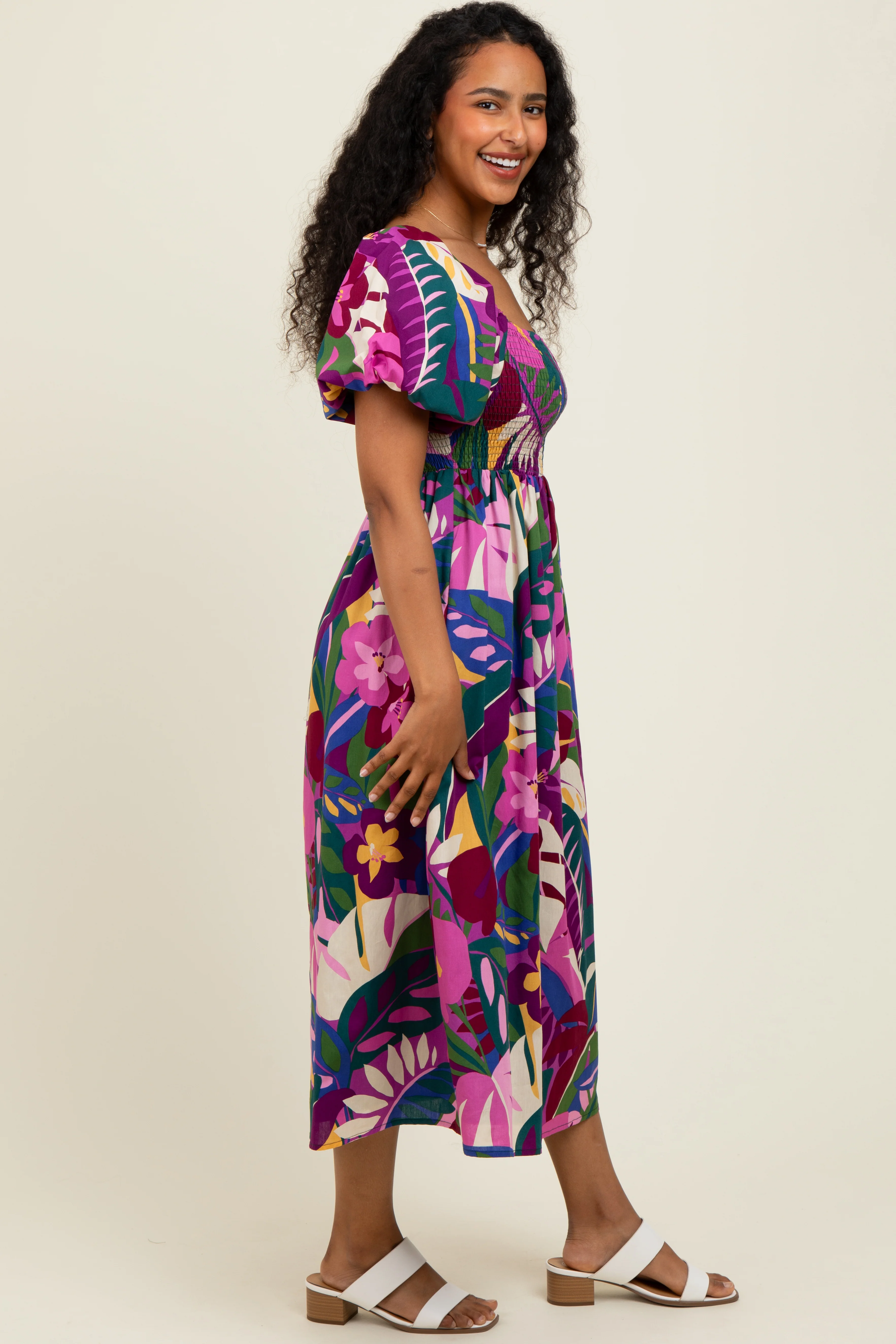 Purple Tropical Smocked Puff Sleeve Midi Dress - Image 3