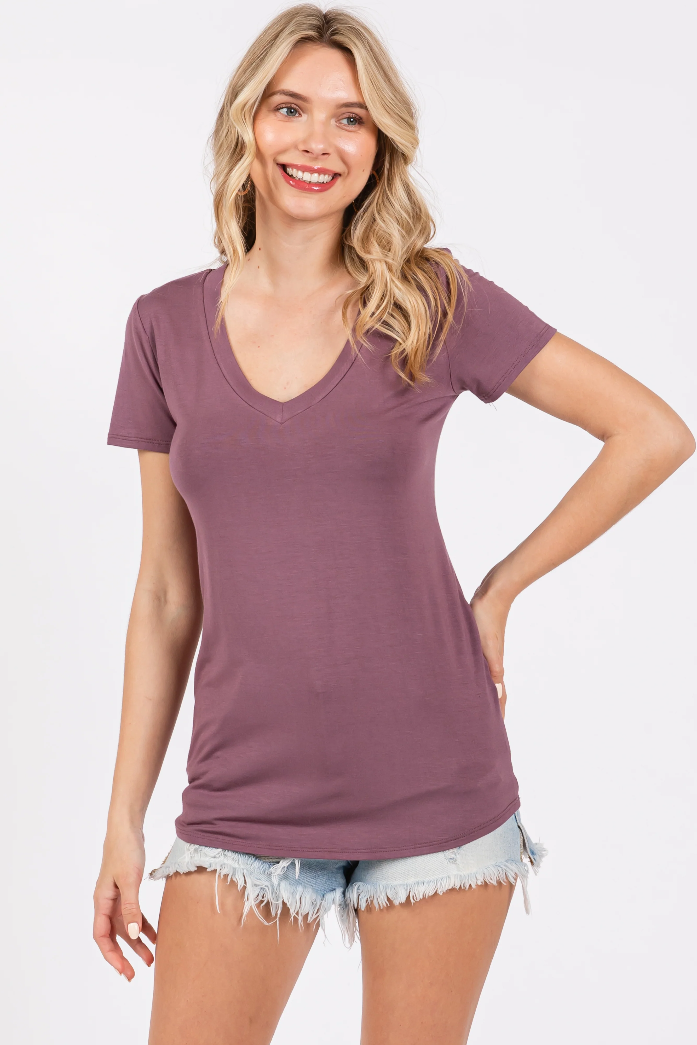 Purple V-Neck Short Sleeve Maternity Top - Image 3