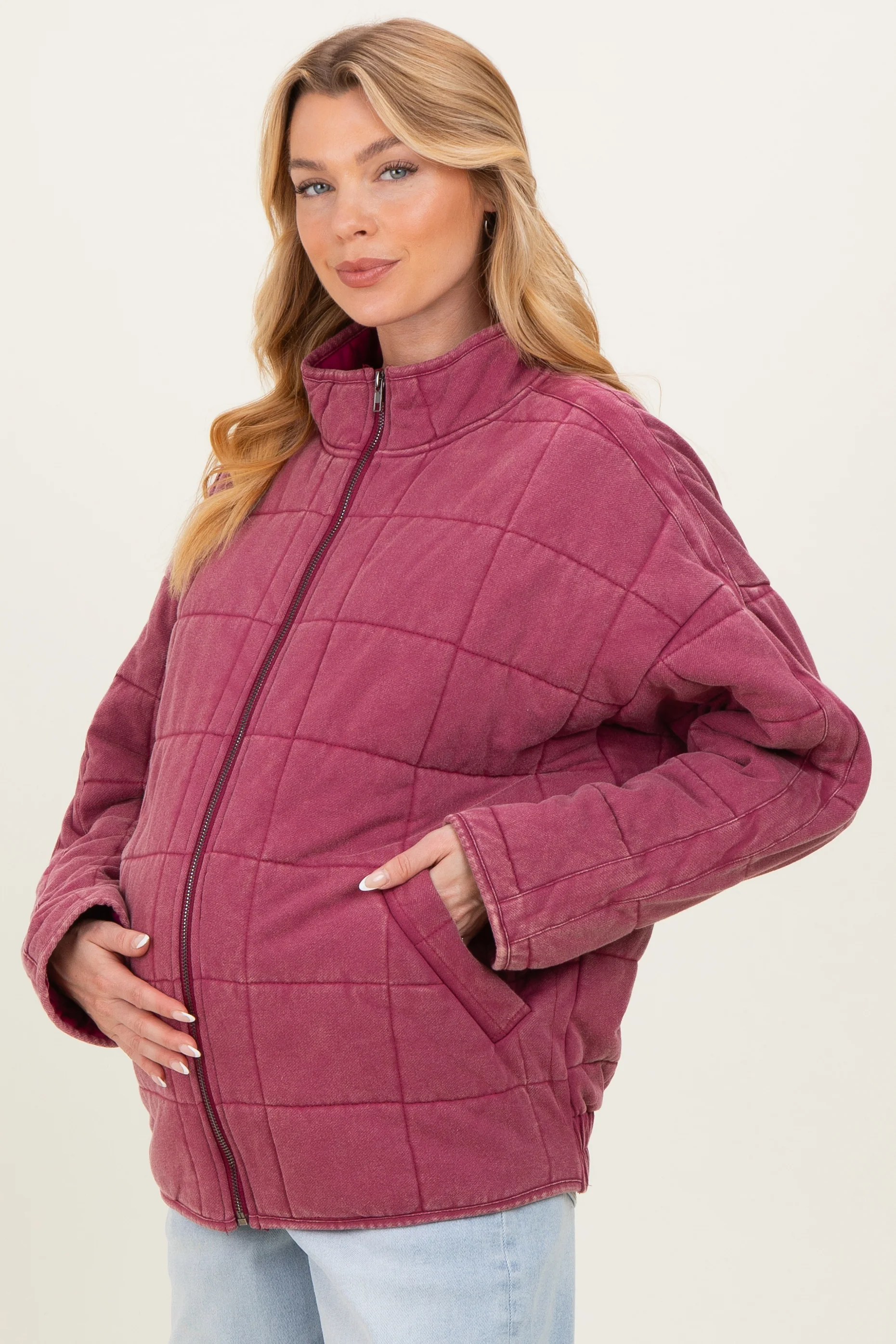 Raspberry Oversized Quilted Maternity Jacket - Image 3