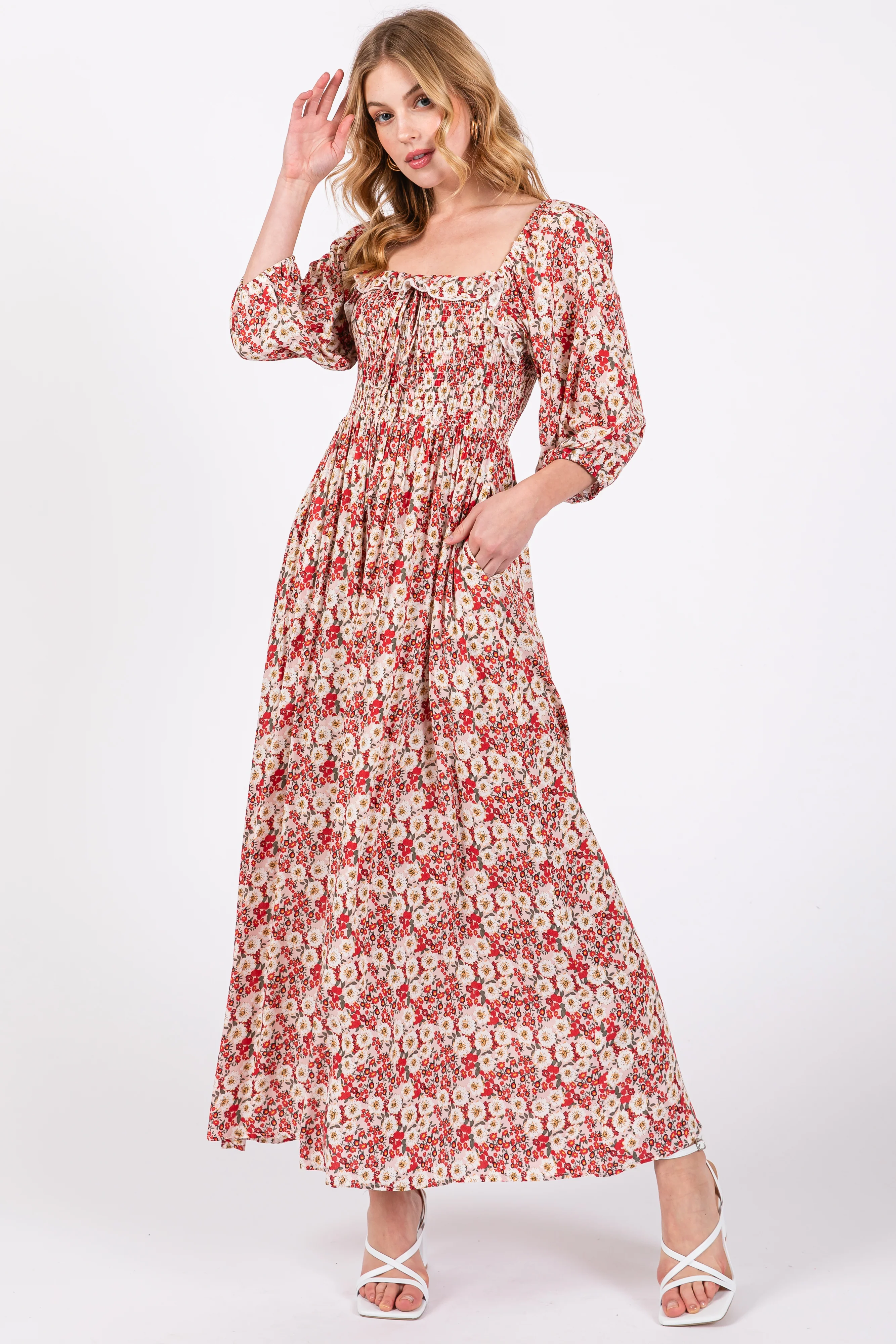 Red Abstract Floral Smocked Maternity Maxi Dress - Image 4
