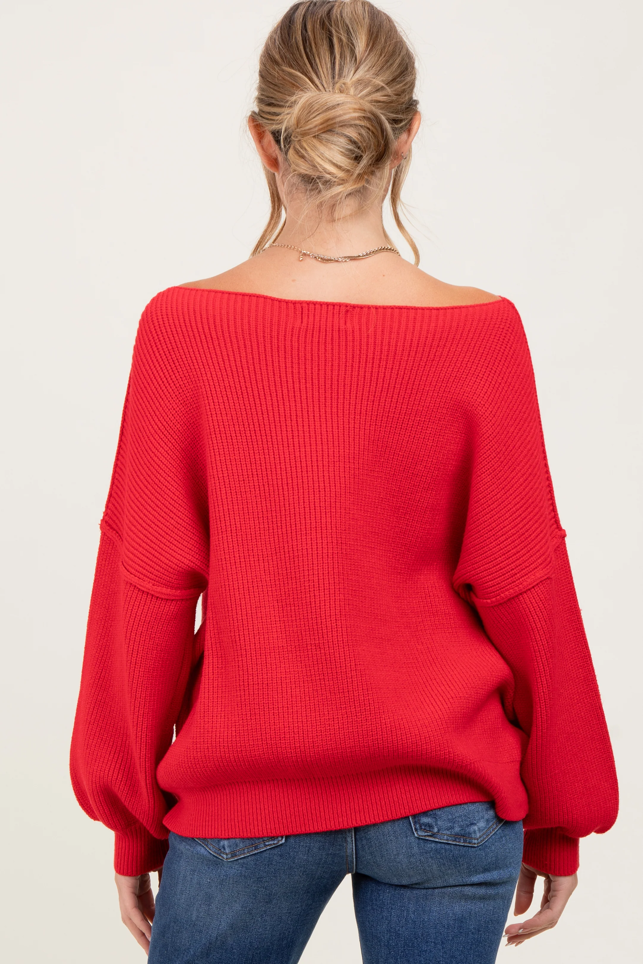 Red Balloon Sleeve Boat Neck Knit Maternity Sweater - Image 4