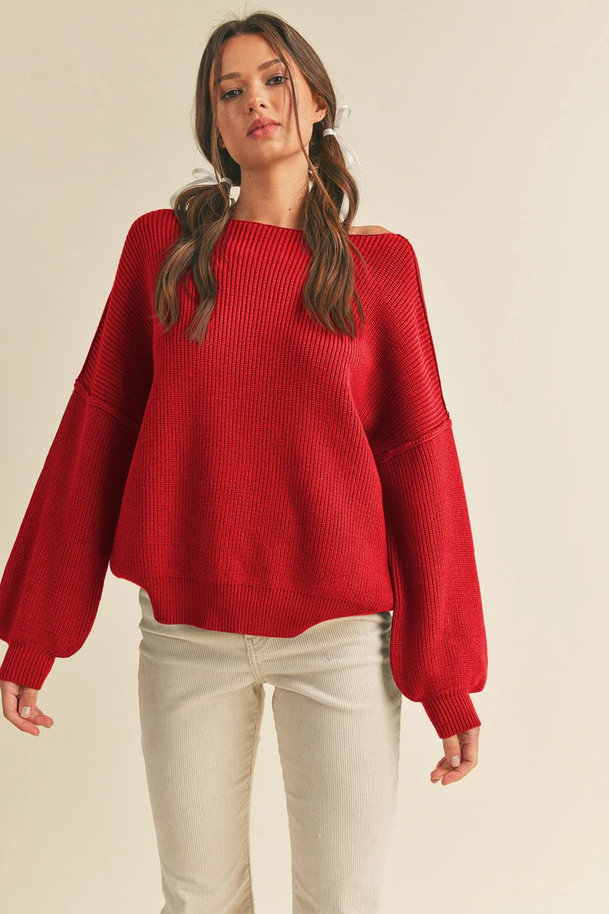 Red Balloon Sleeve Boat Neck Knit Maternity Sweater - Image 5
