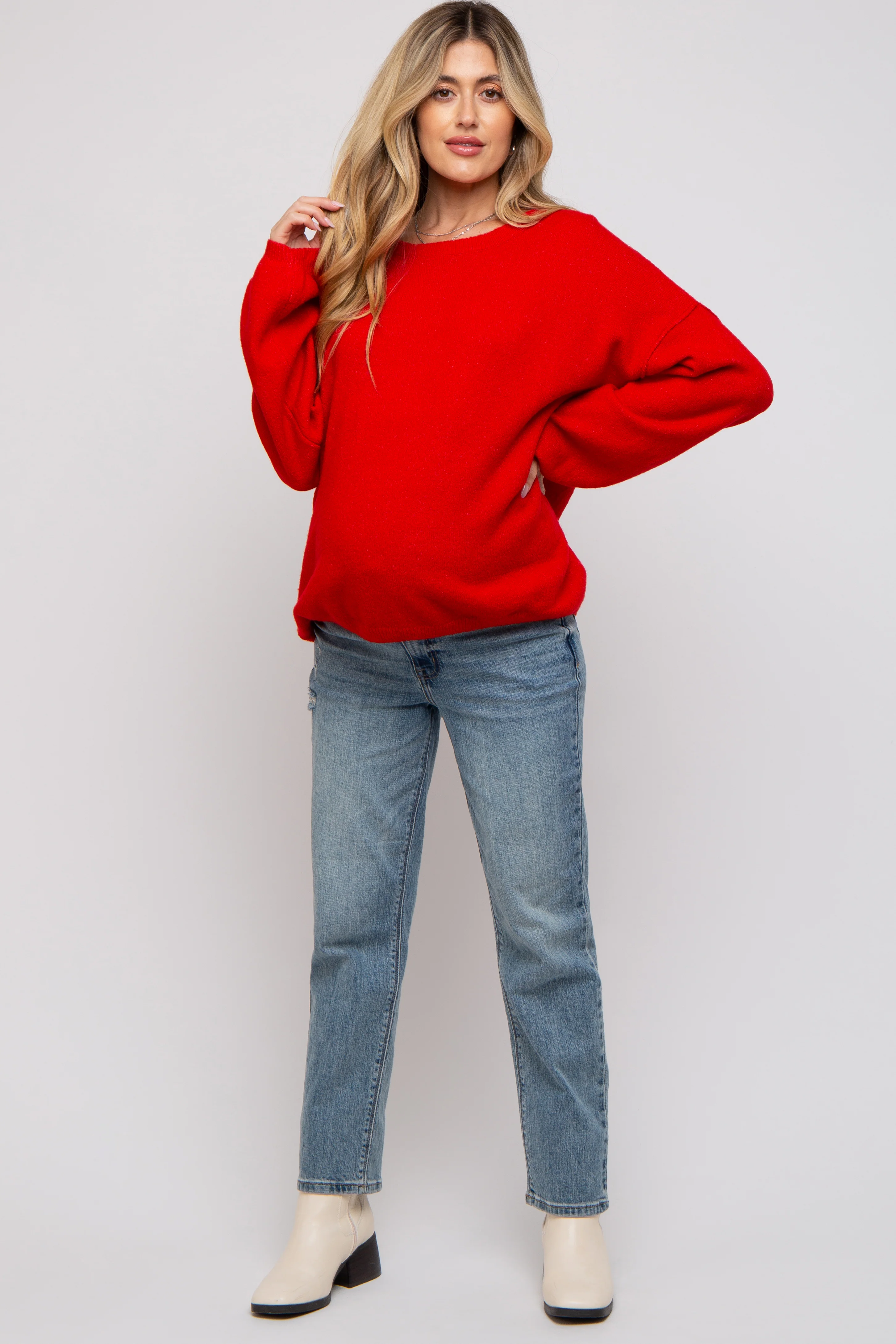 Red Basic Drop Shoulder Maternity Sweater - Image 4