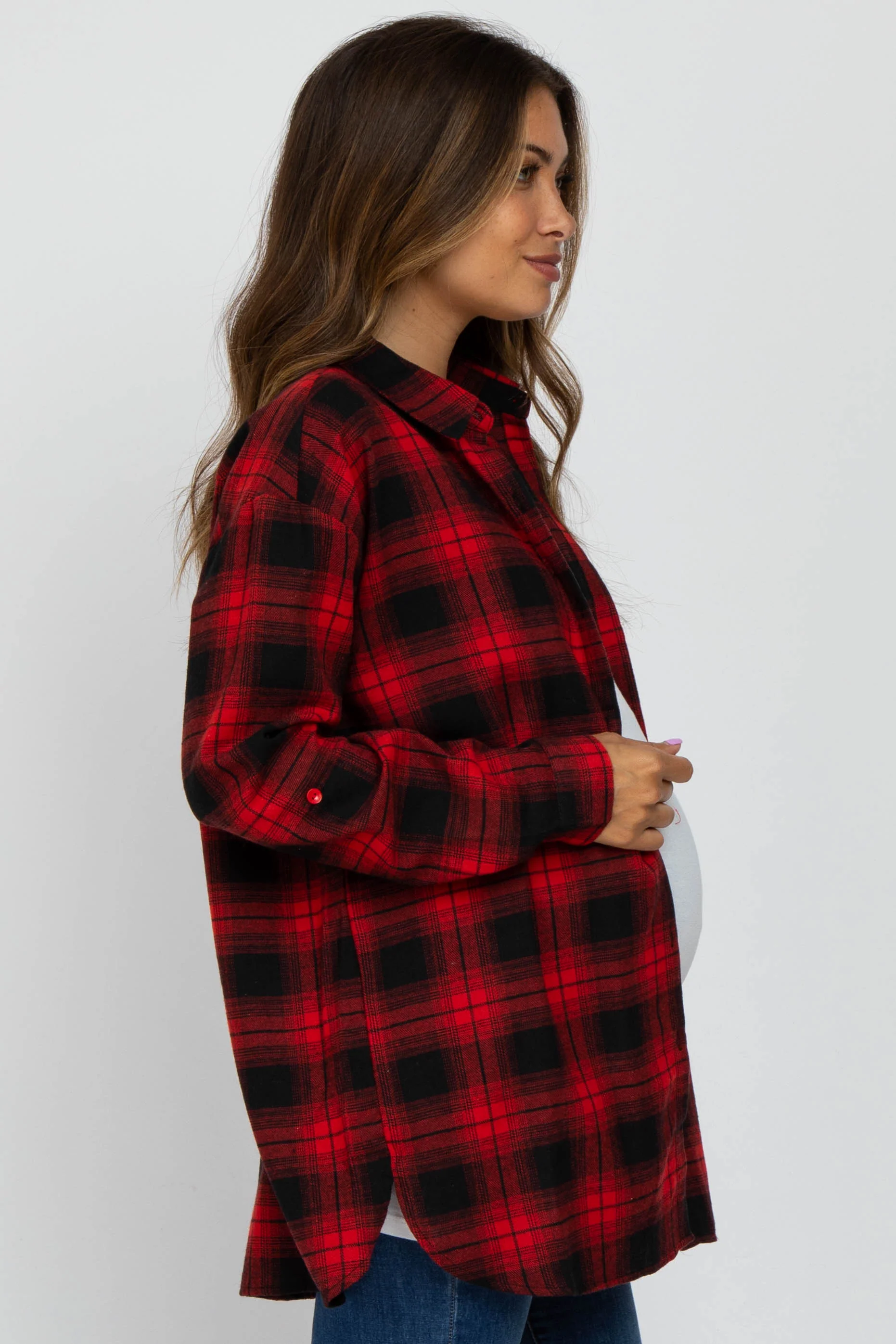 Red Black Plaid Button Down Maternity Top - Image 3