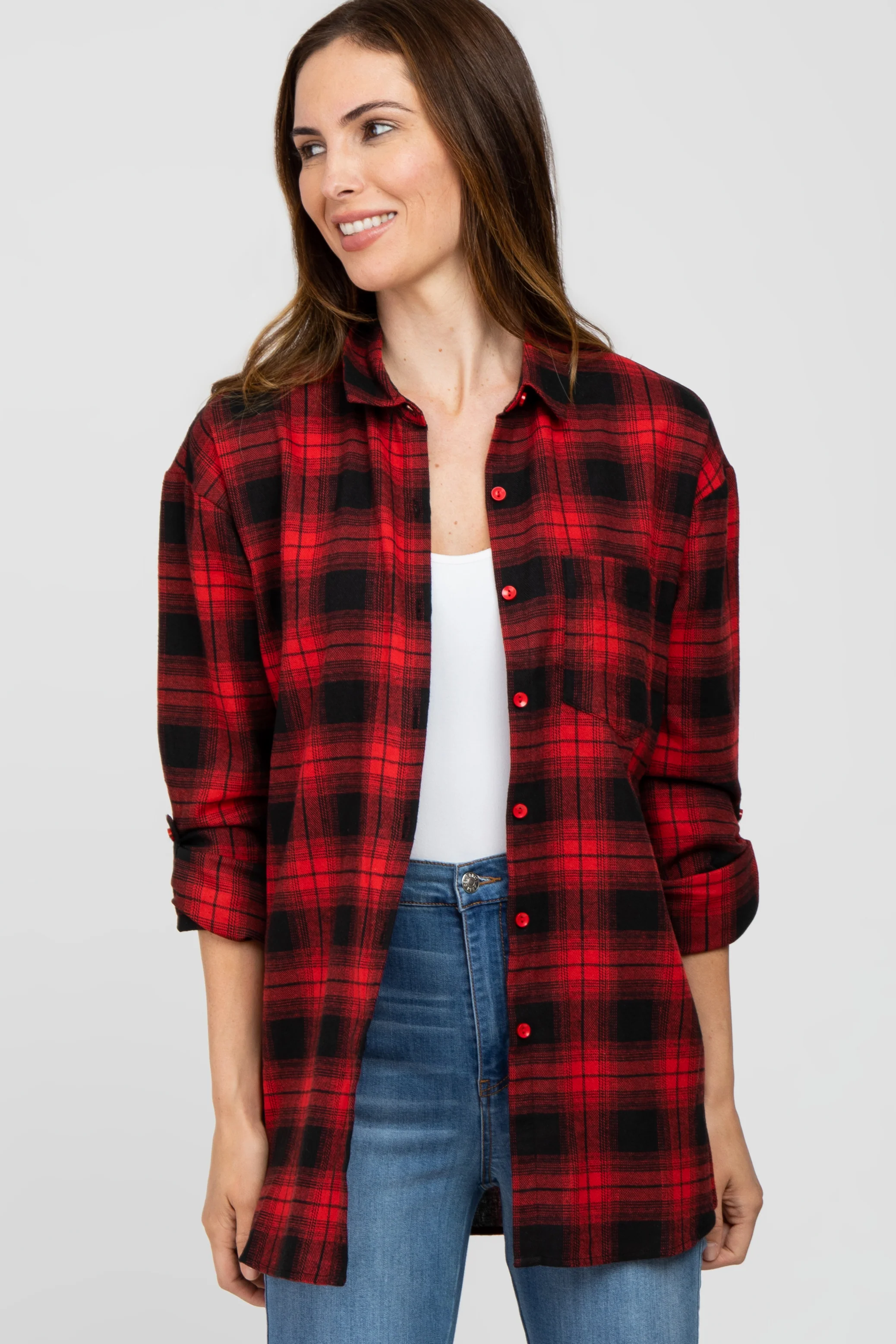 Red Black Plaid Button Down Maternity Top - Image 5