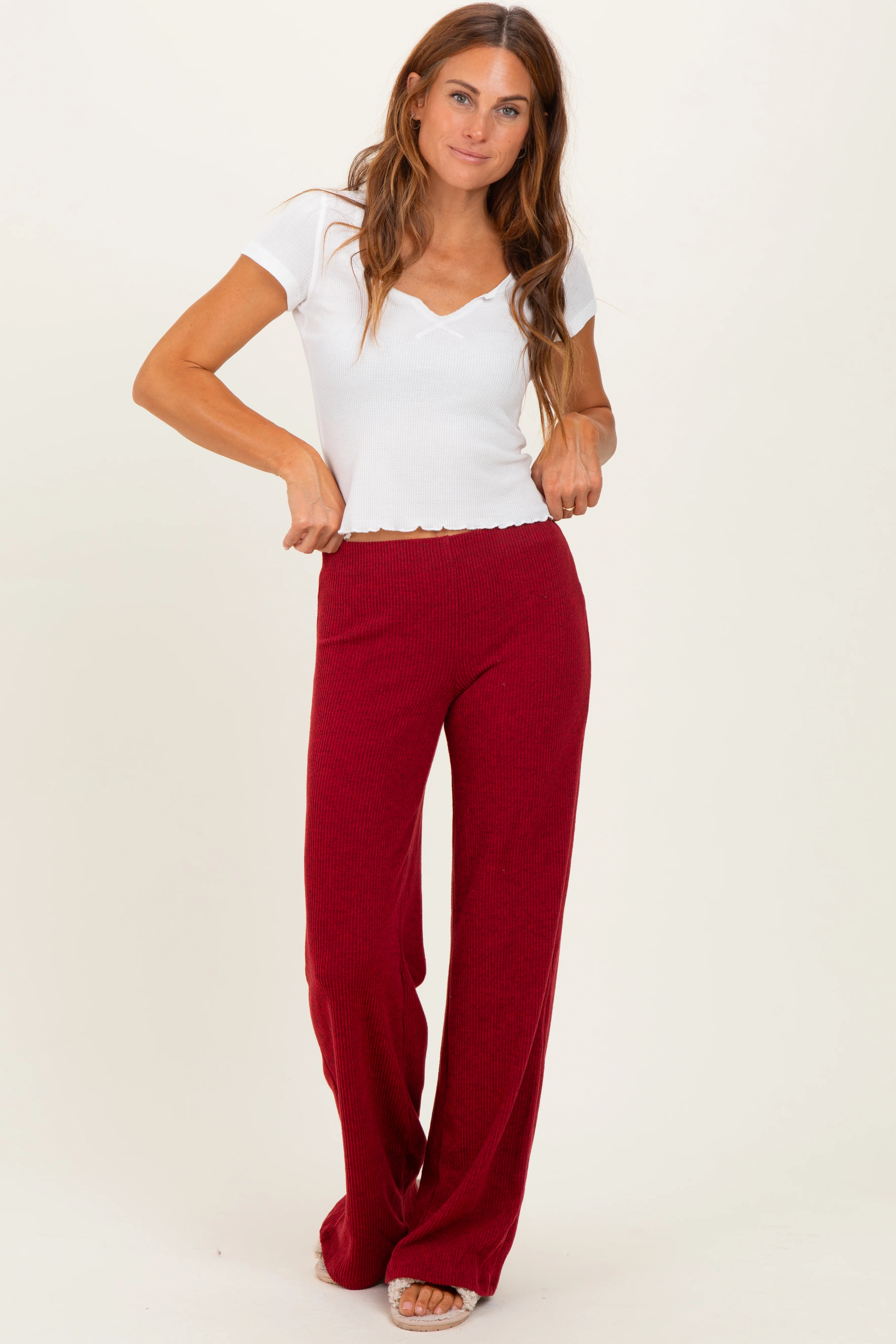 Red Brushed Knit Flare Leg Maternity Pants - Image 6