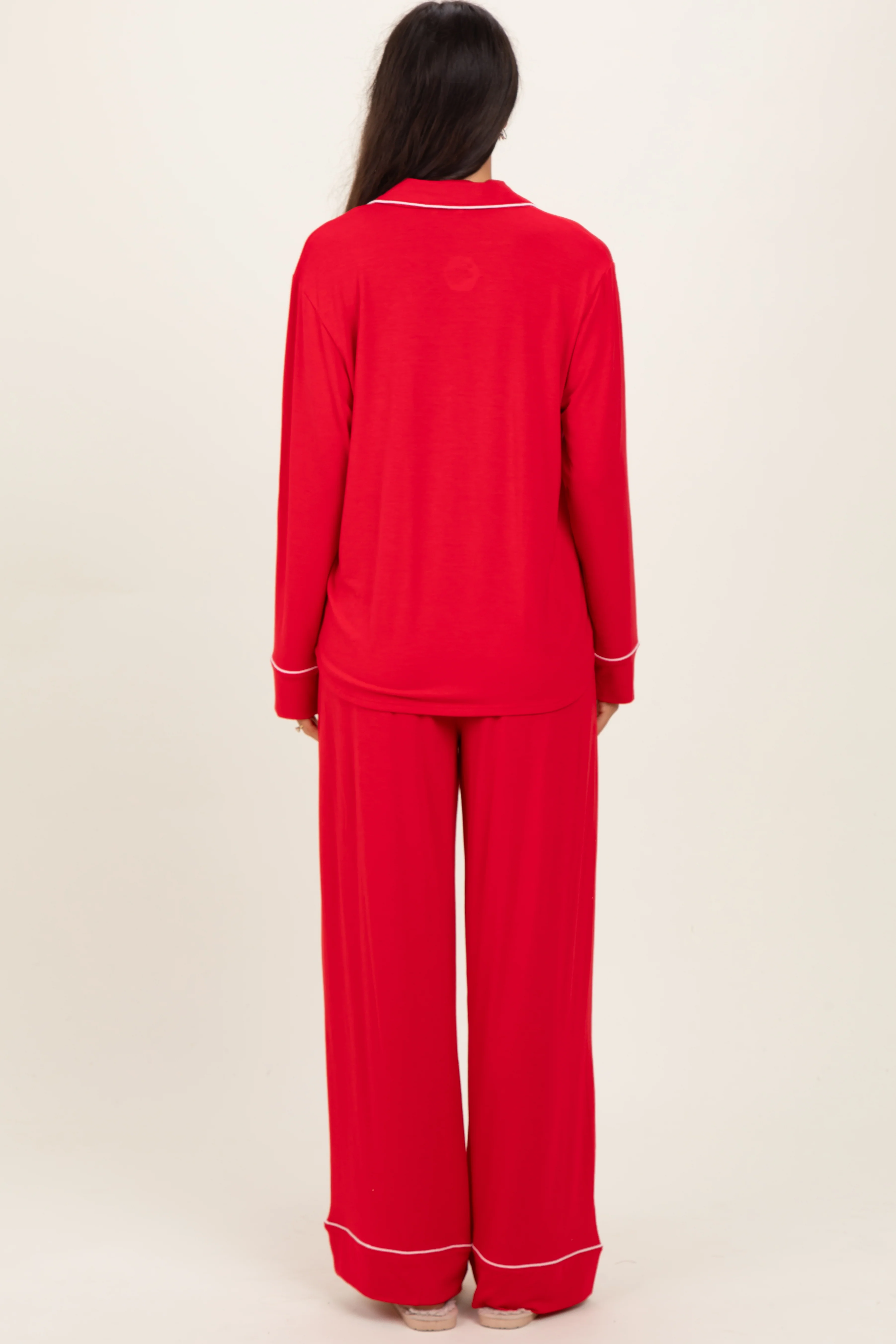 Red Button Down Top Wide Leg Pant Pajama Set - Image 4