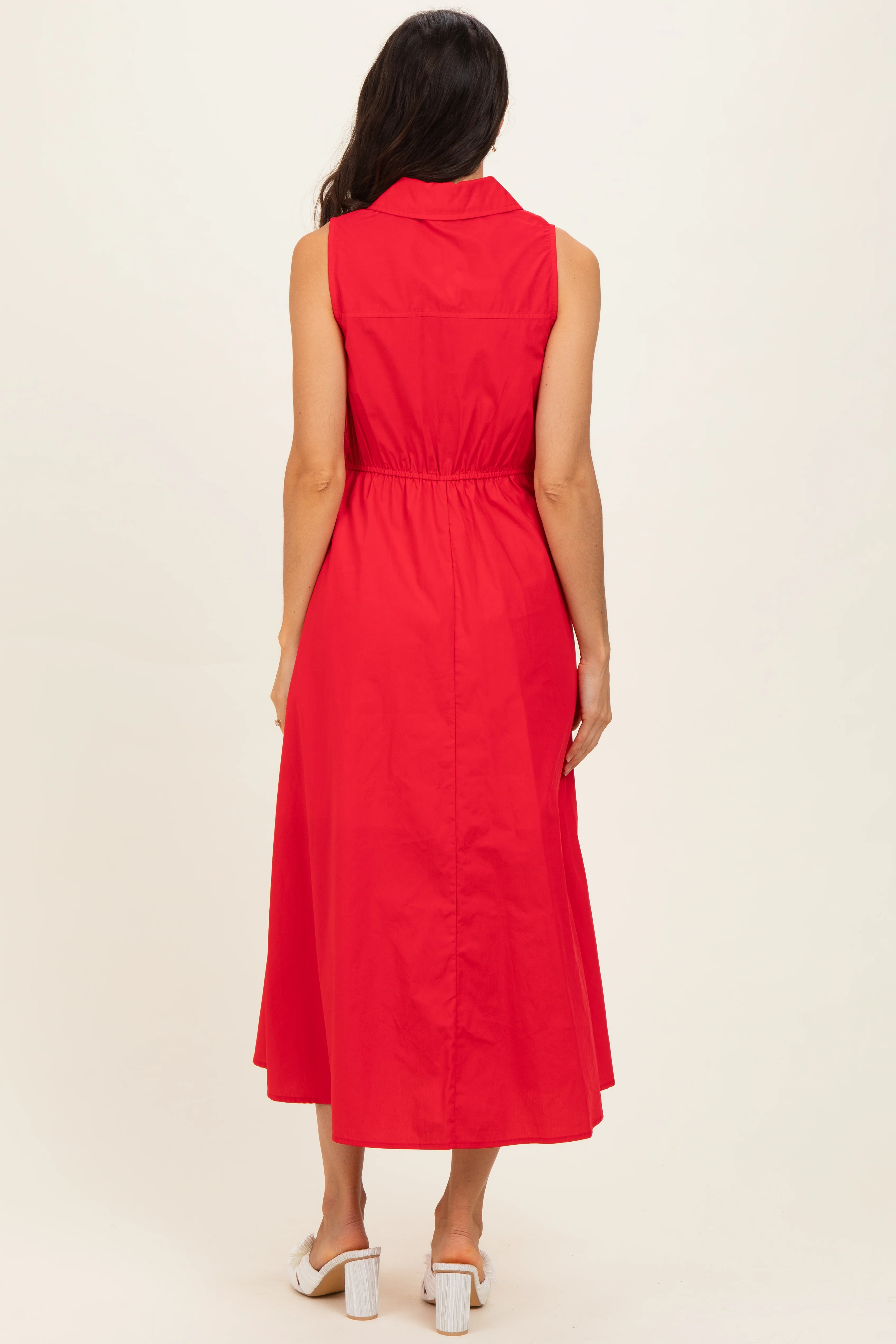 Red Button Up Sleeveless Midi Dress - Image 4