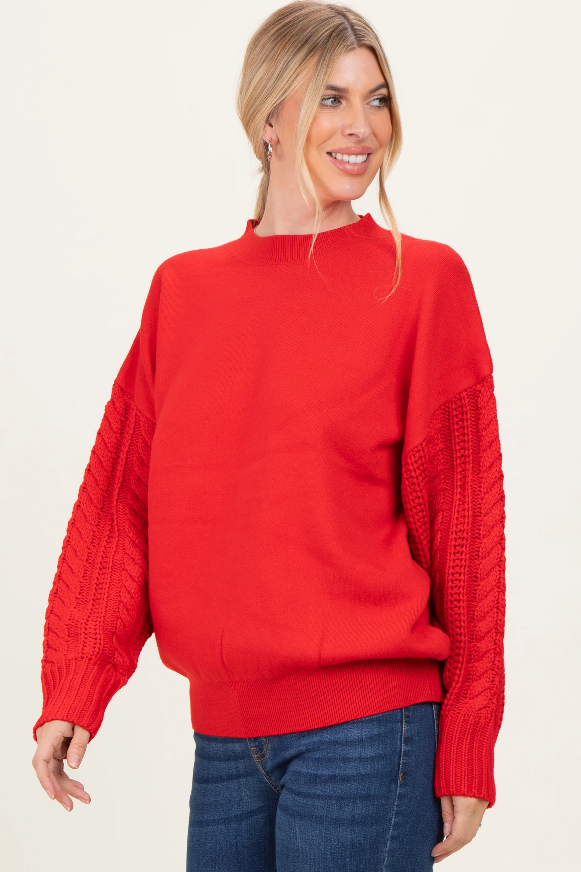 Red Cable Knit Sleeve Round Neck Sweater - Image 3