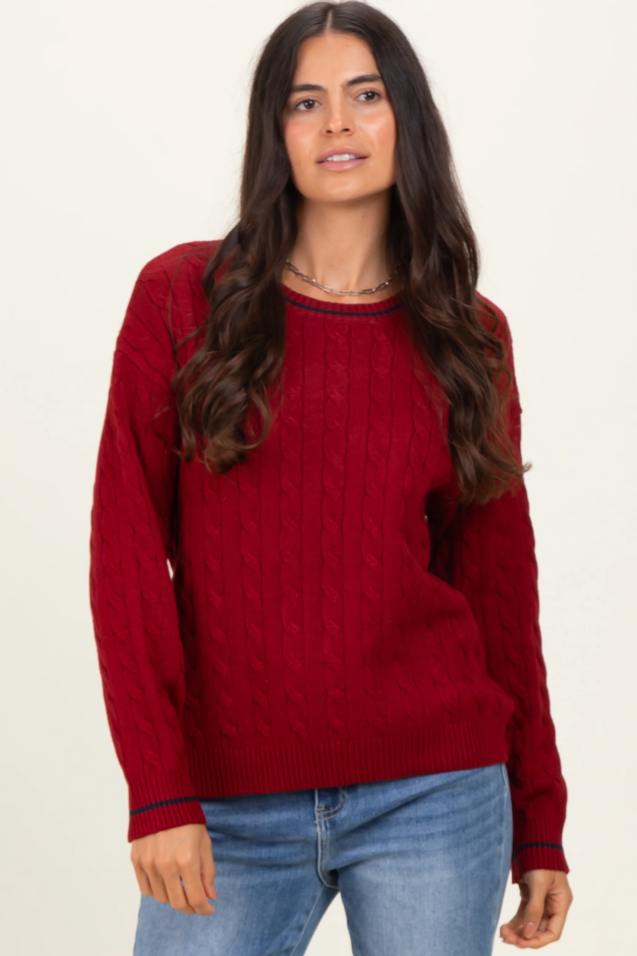 Red Chunky Cable Knit Maternity Sweater - Image 4