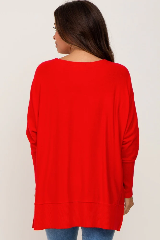 Red Dolman Sleeve Side Slit Maternity Sweater - Image 3
