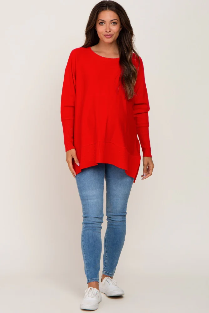 Red Dolman Sleeve Side Slit Maternity Sweater - Image 4
