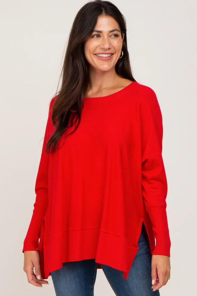 Red Dolman Sleeve Side Slit Maternity Sweater - Image 5