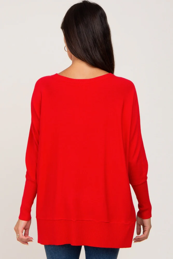 Red Dolman Sleeve Side Slit Sweater - Image 3