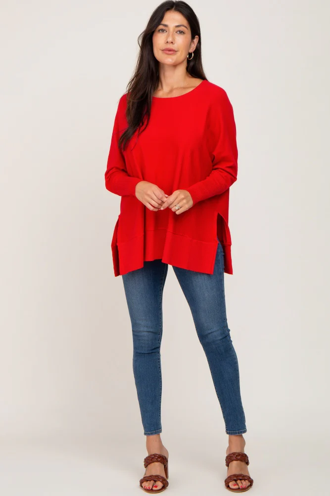 Red Dolman Sleeve Side Slit Sweater - Image 4