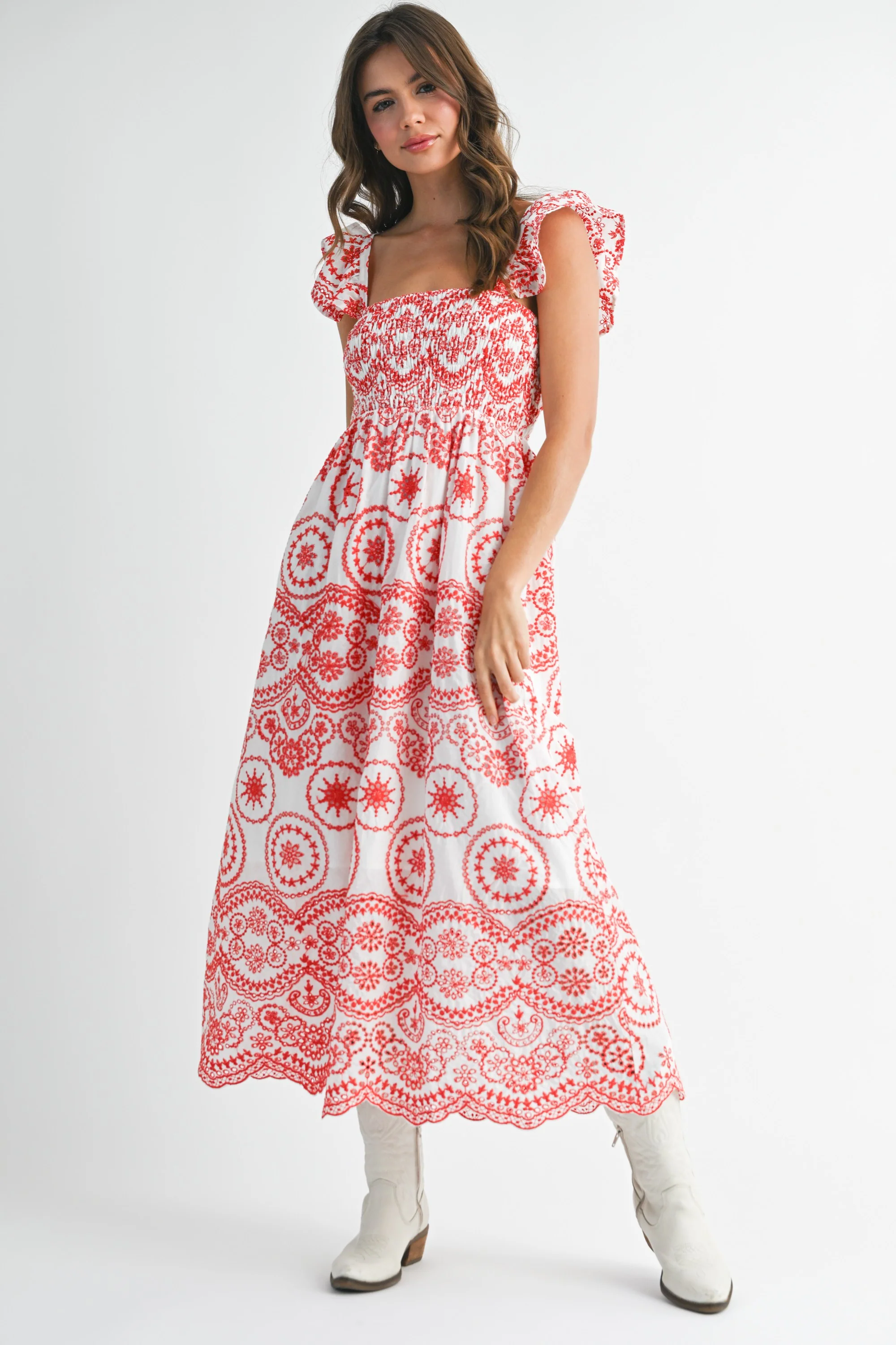 Red Embroidered Smocked Cutout Maternity Midi Dress - Image 5