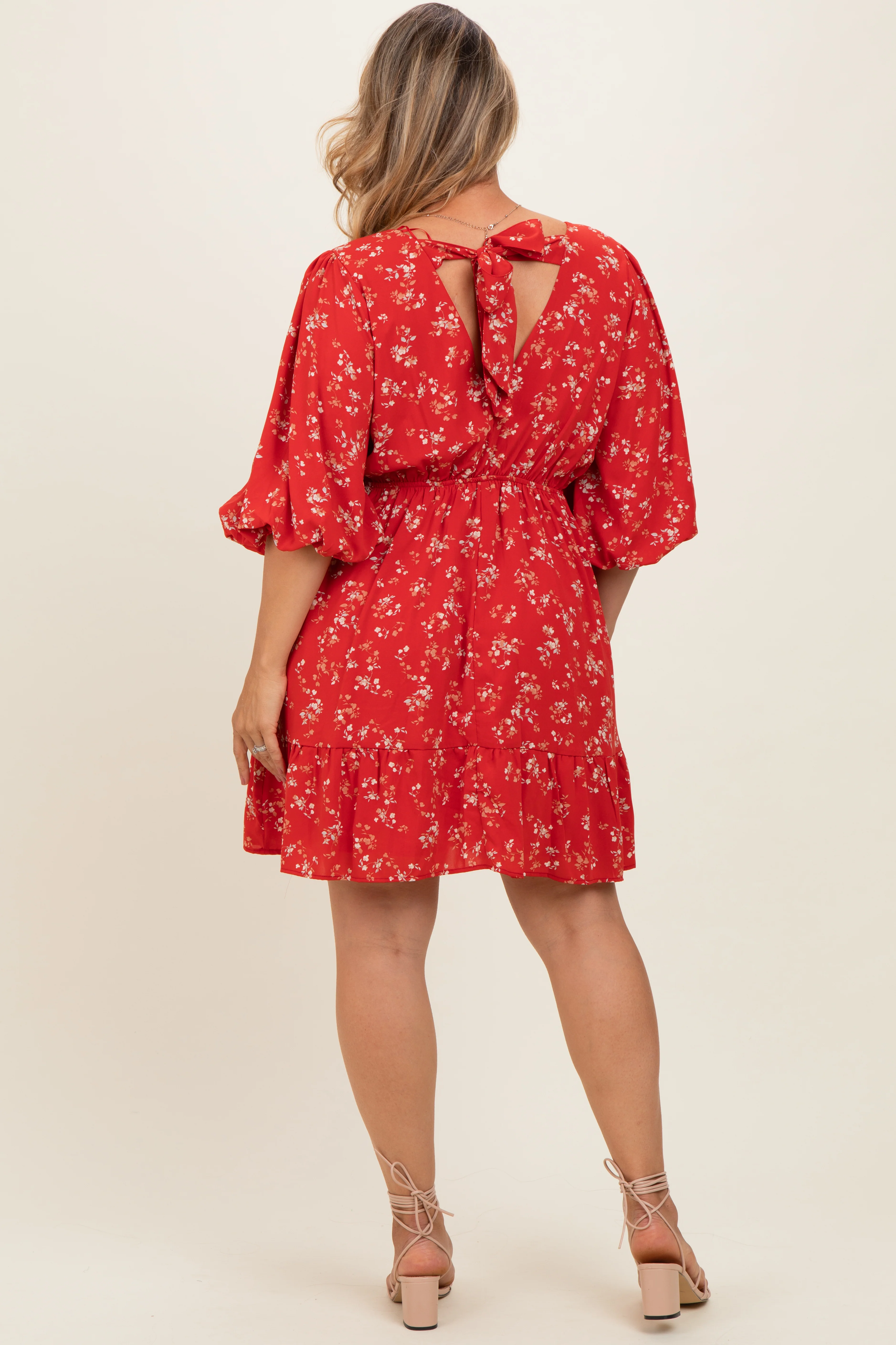 Red Floral Back Tie Maternity Plus Mini Dress - Image 4