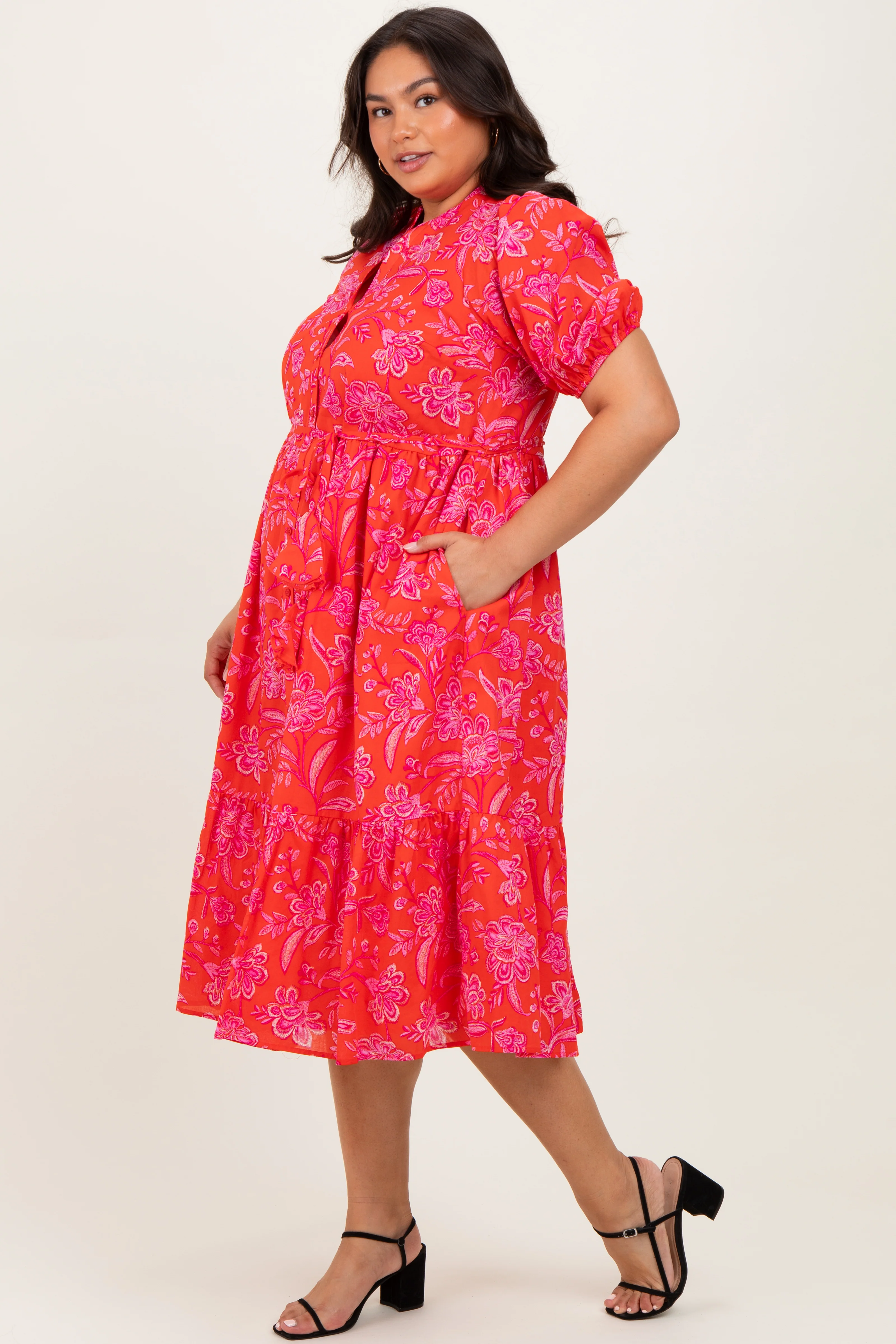 Red Floral Button Down Plus Midi Shirt Dress - Image 3