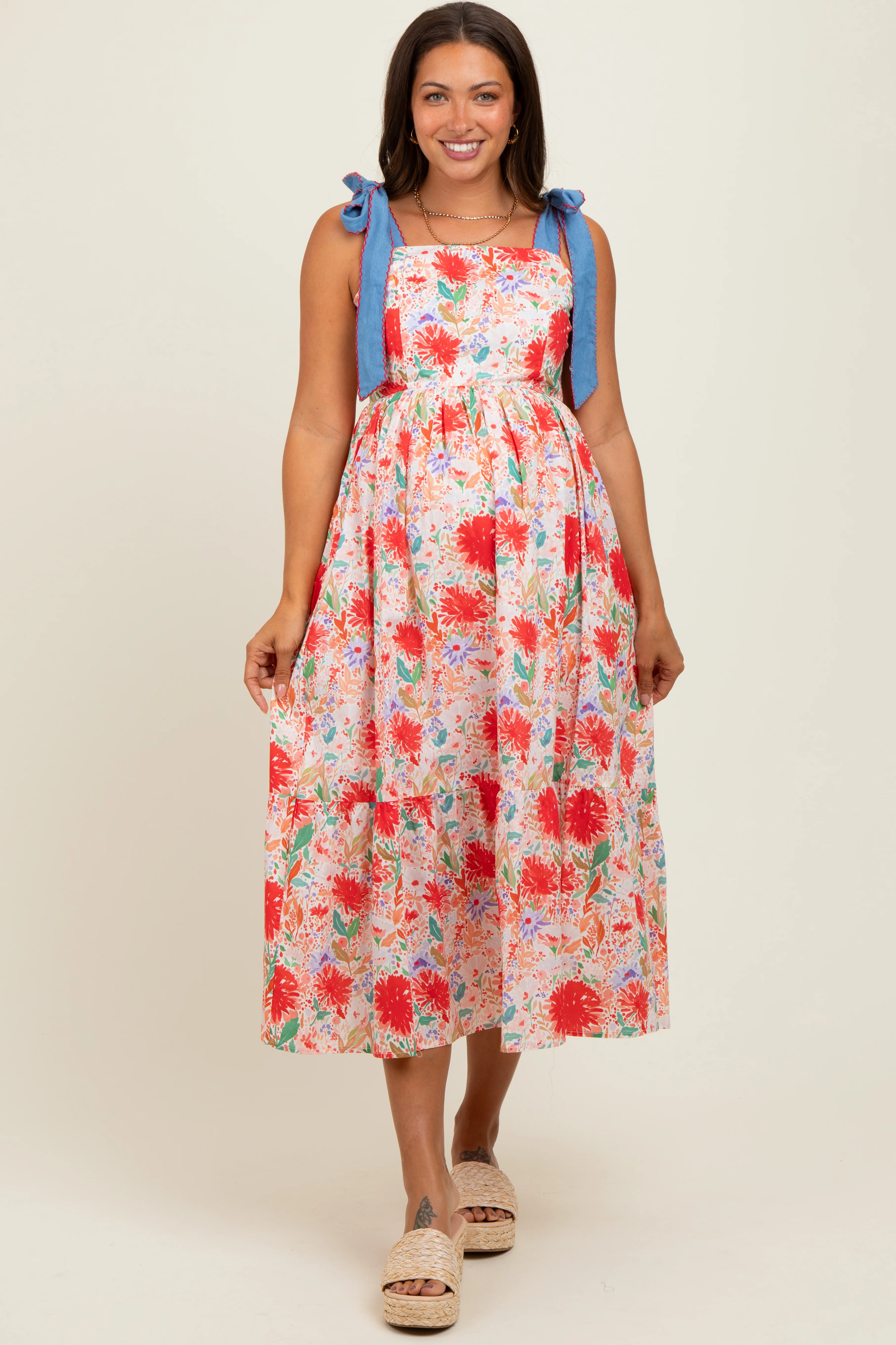 Red Floral Contrast Shoulder Tie Maternity Midi Dress - Image 2