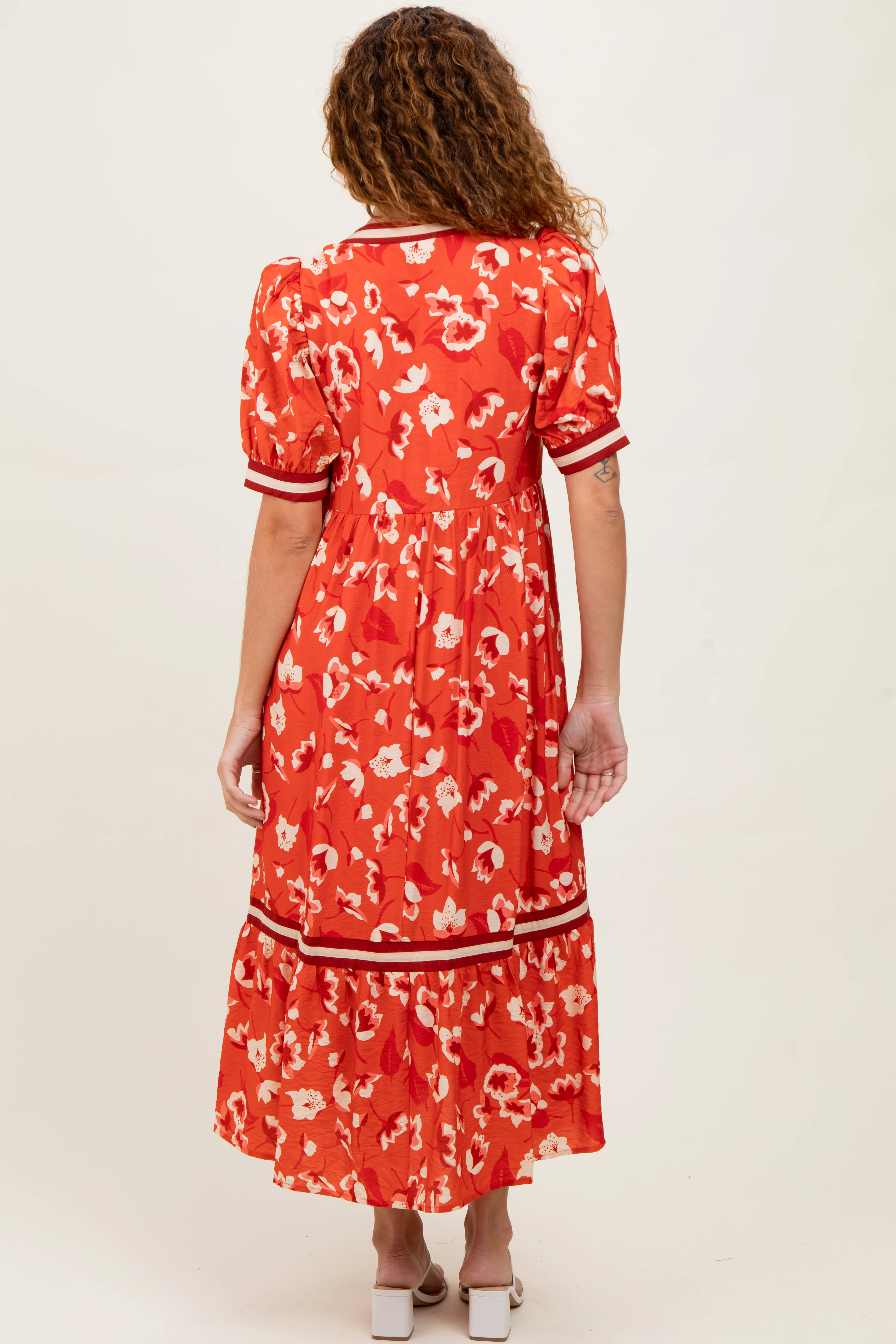 Red Floral Contrast Trim Midi Dress - Image 4