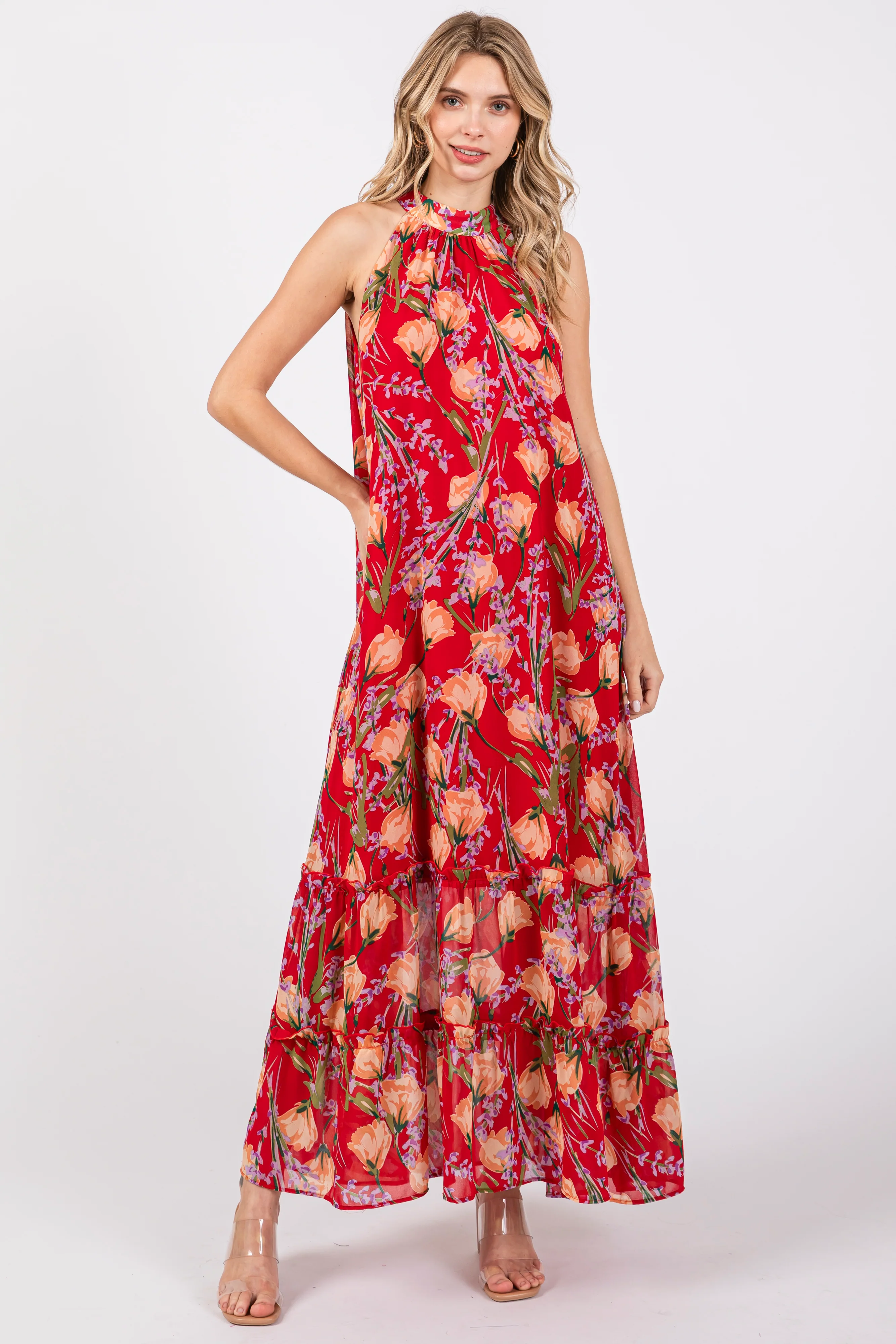 Red Floral Halter Maxi Dress - Image 2