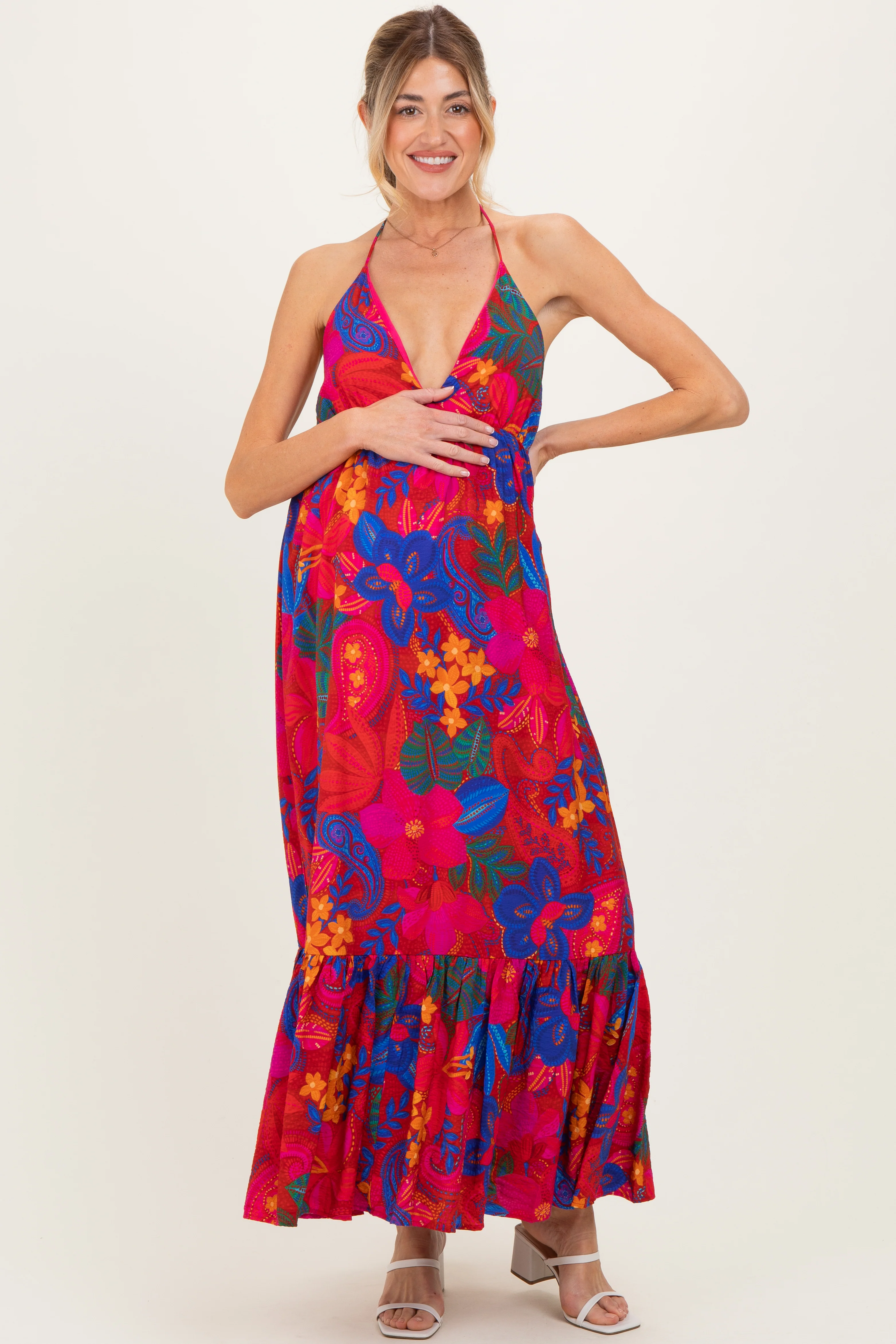 Red Floral Halter V-Neck Maternity Maxi Dress - Image 3