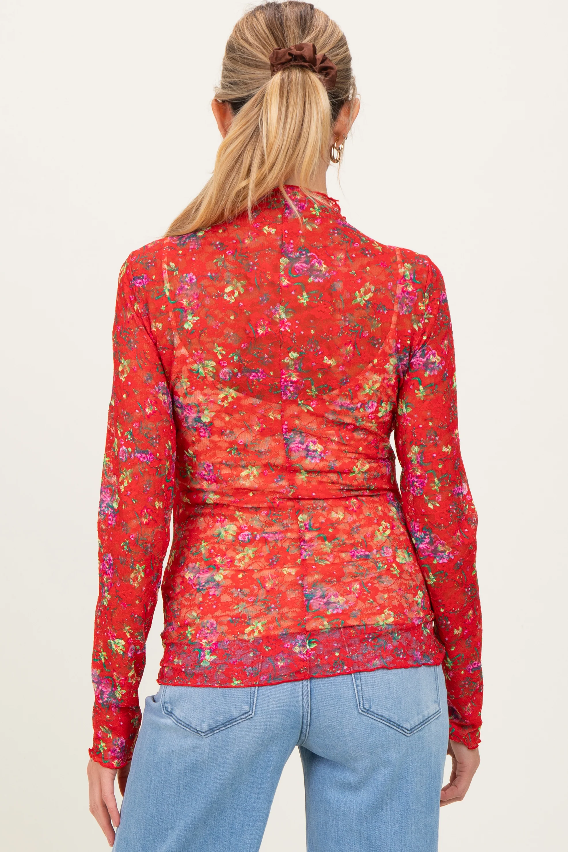 Red Floral Lace Long Sleeve Maternity Top - Image 4