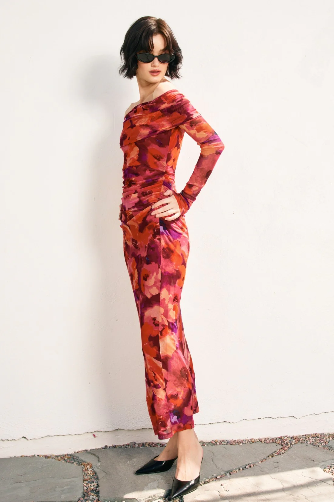 Red Floral Mesh Off Shoulder Long Sleeve Maxi Dress - Image 3