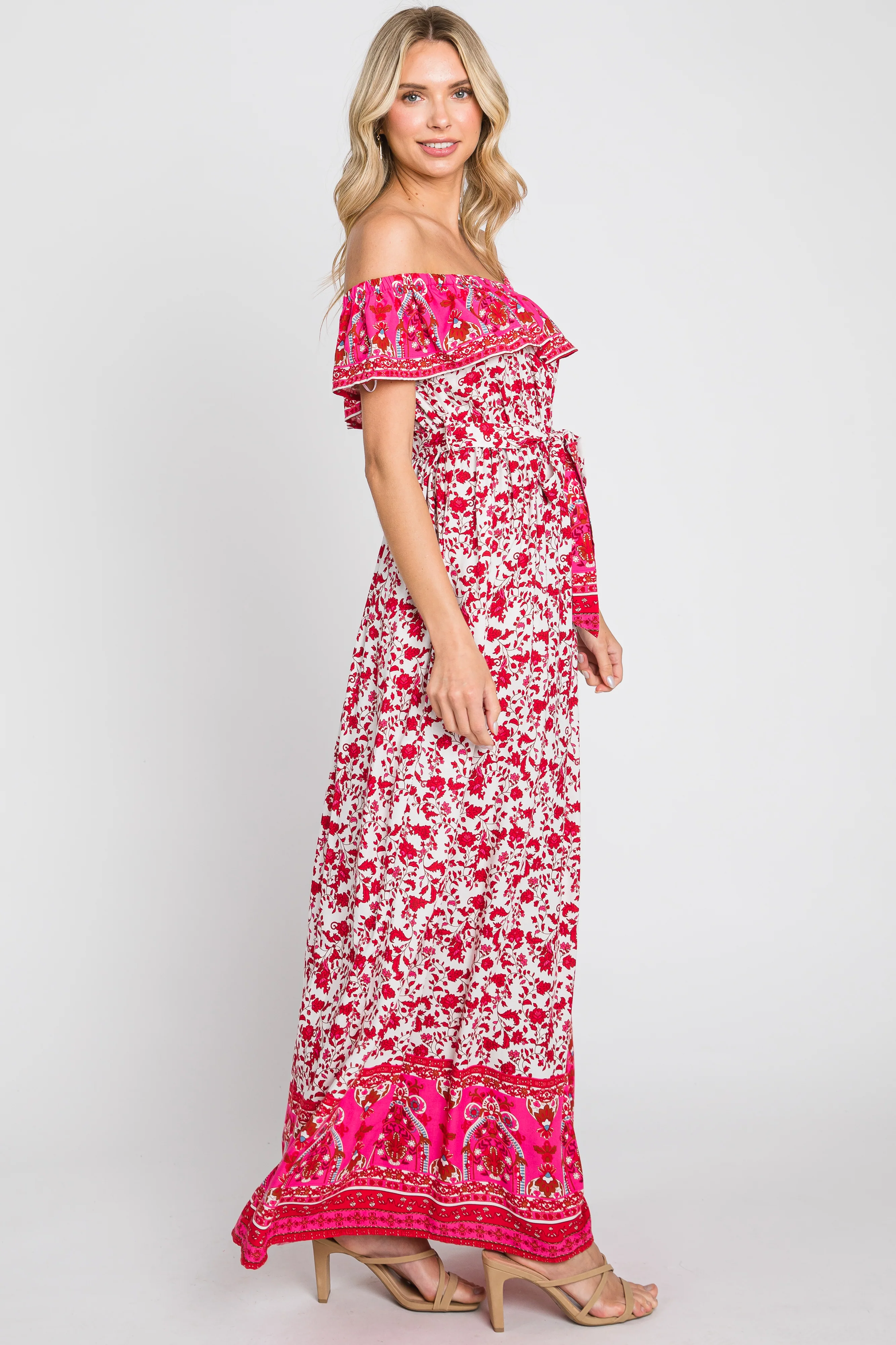 Red Floral Paisley Ruffle Off Shoulder Maxi Dress - Image 2