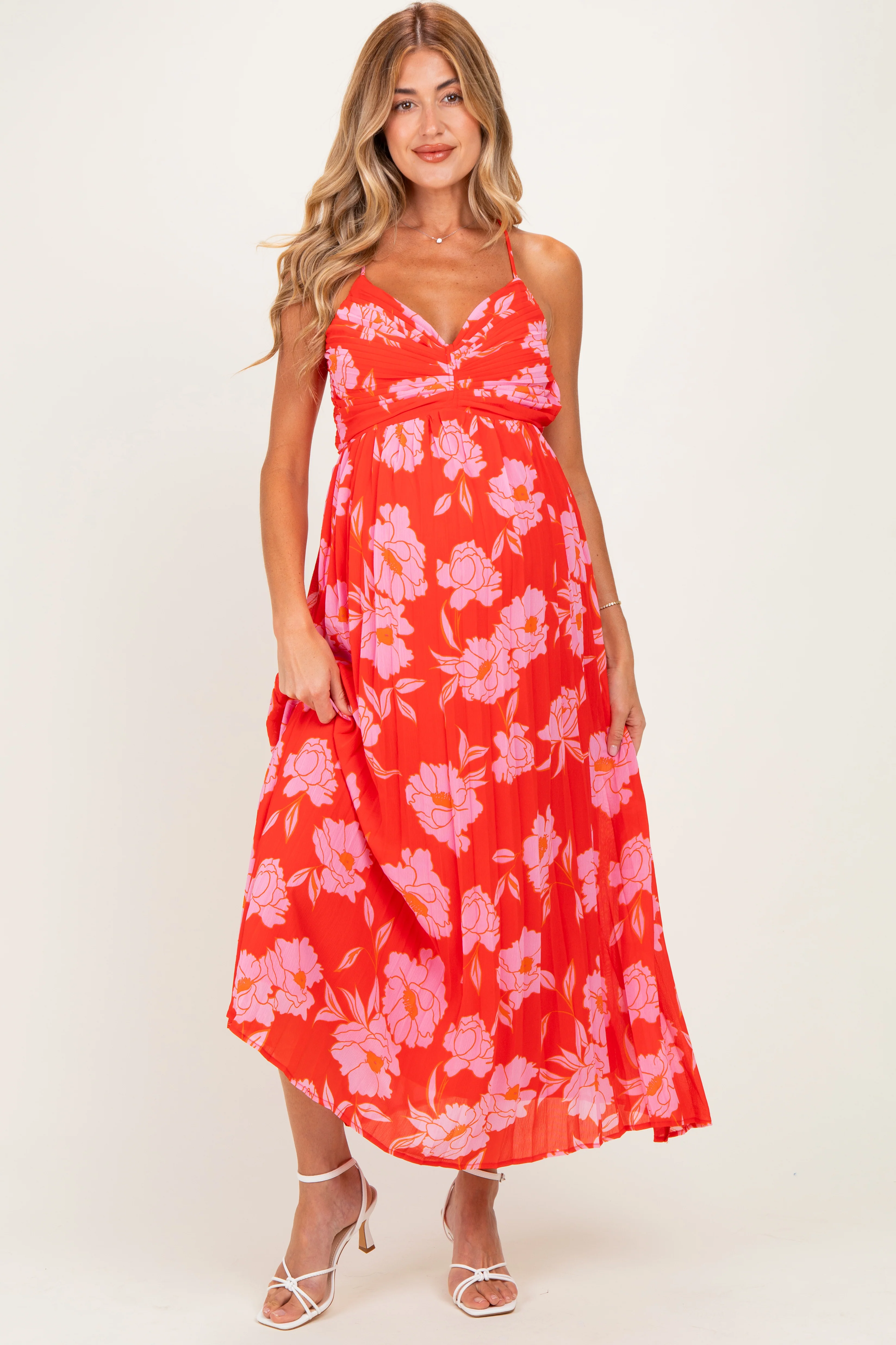 Red Floral Pleated Cutout Back Maternity Midi Dress - Image 2