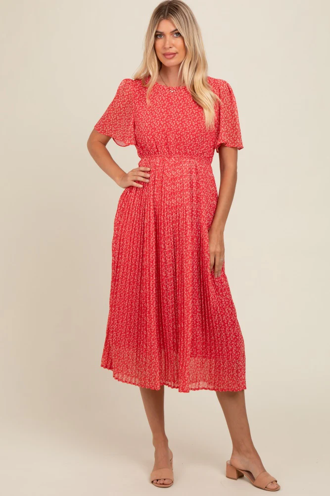 Red Floral Pleated Midi Dress - Image 2