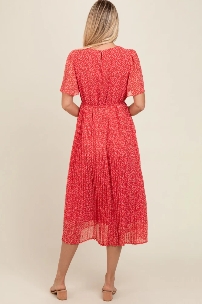 Red Floral Pleated Midi Dress - Image 4