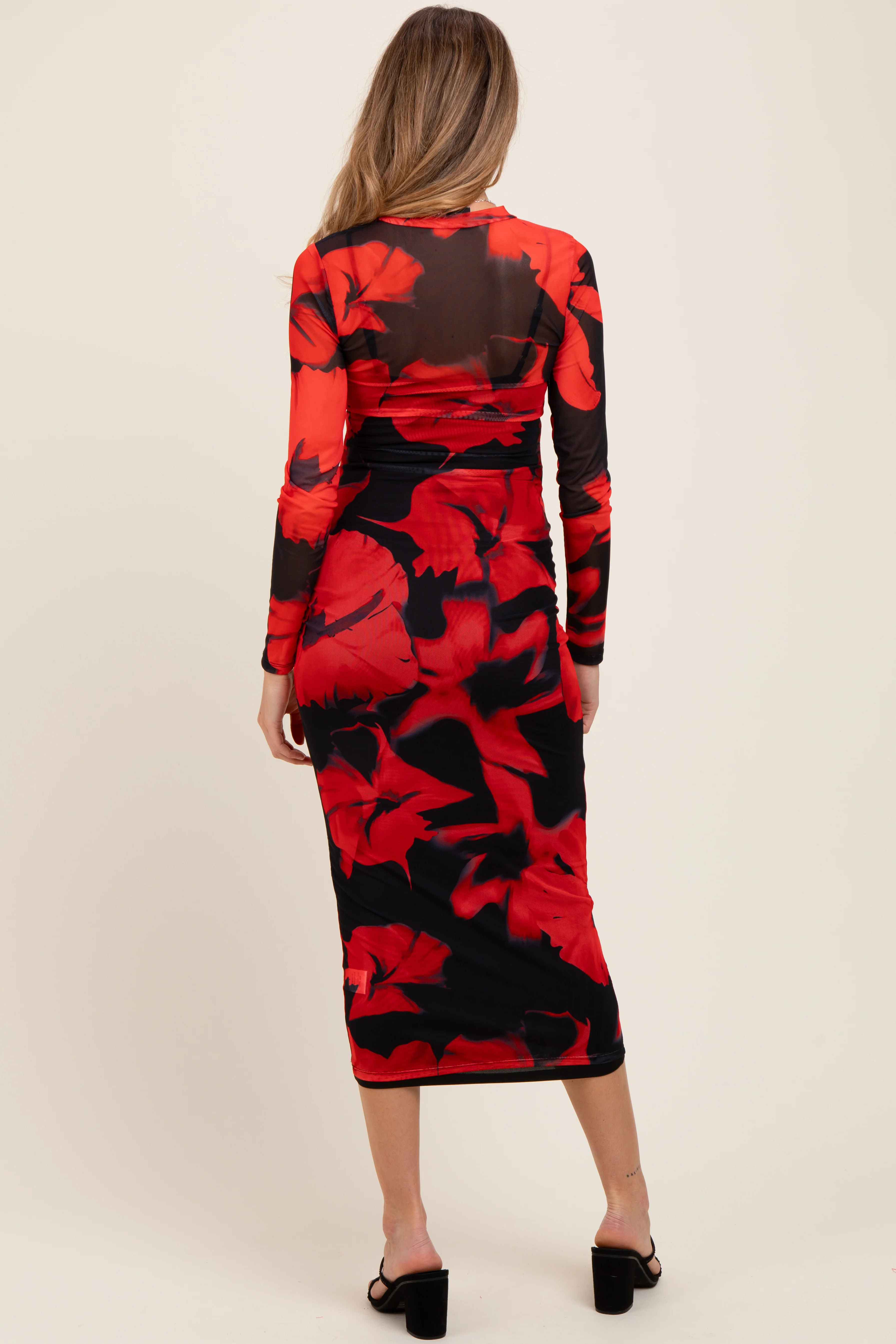 Red Floral Print Mesh Long Sleeve Maternity Maxi Dress - Image 3