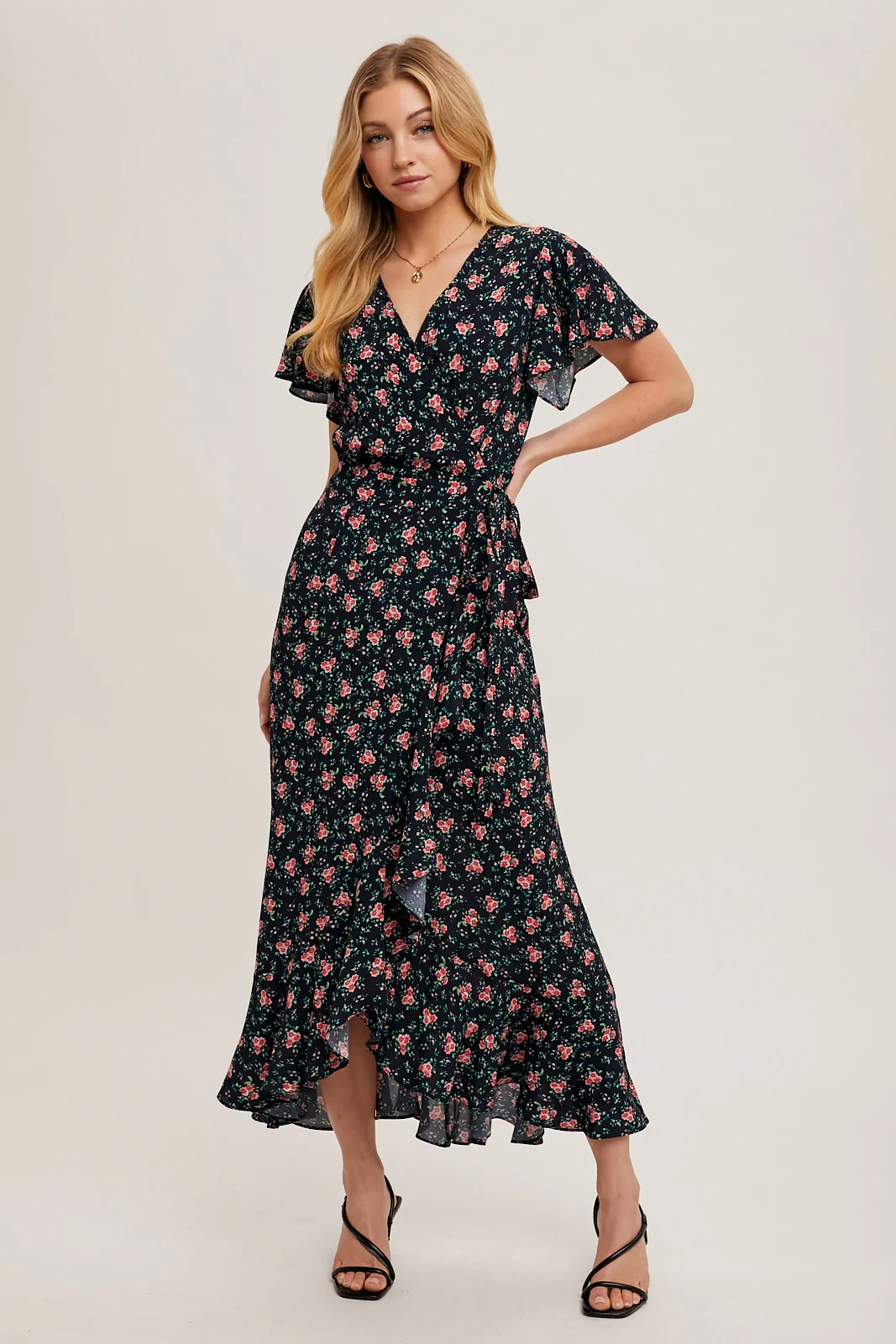 Red Floral Ruffled Hem Wrap Maternity Maxi Dress - Image 4