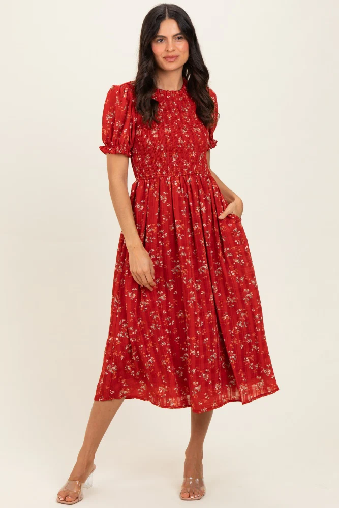 Red Floral Smocked Maternity Midi Dress - Image 4