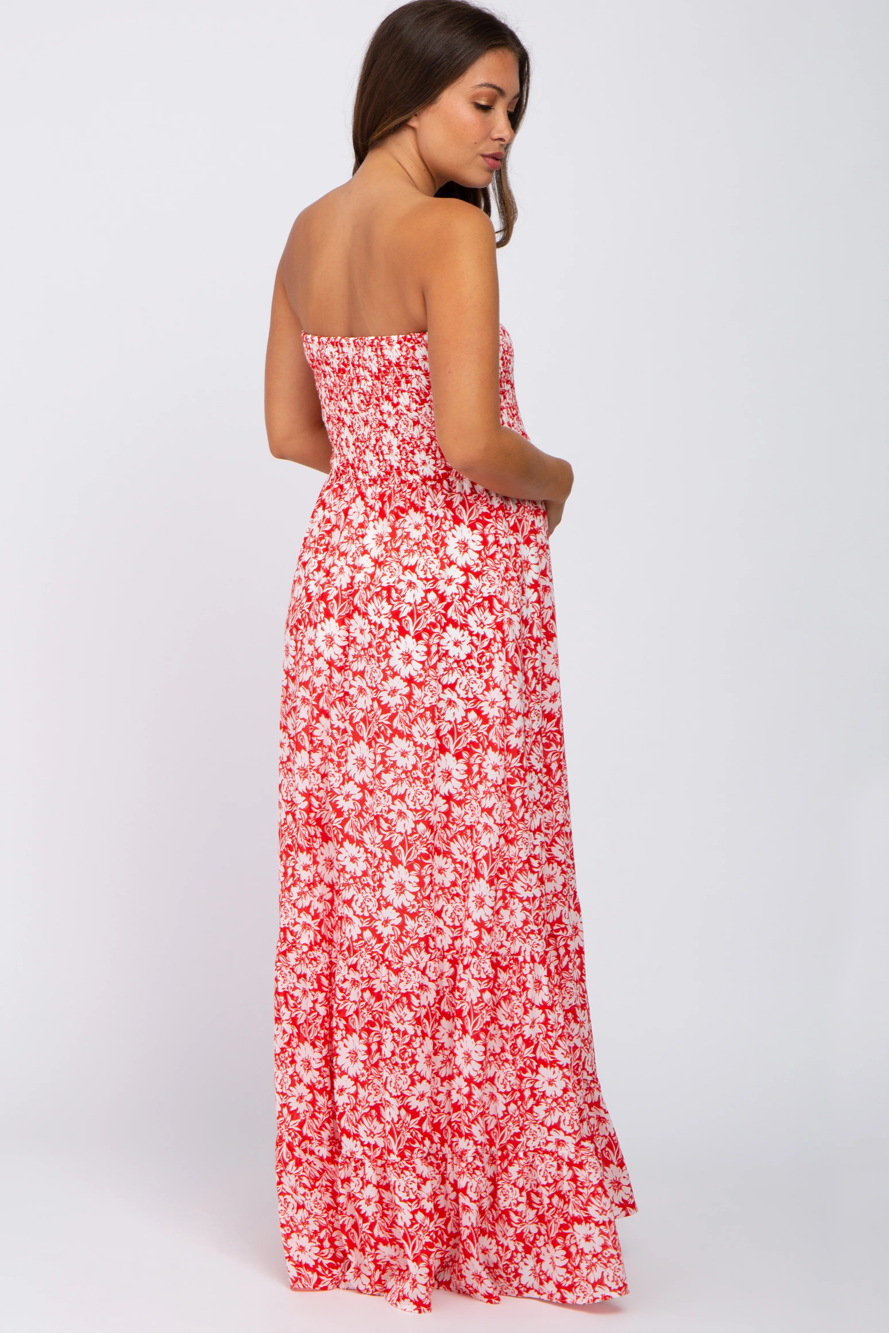 Red Floral Strapless Smocked Maternity Maxi Dress - Image 3