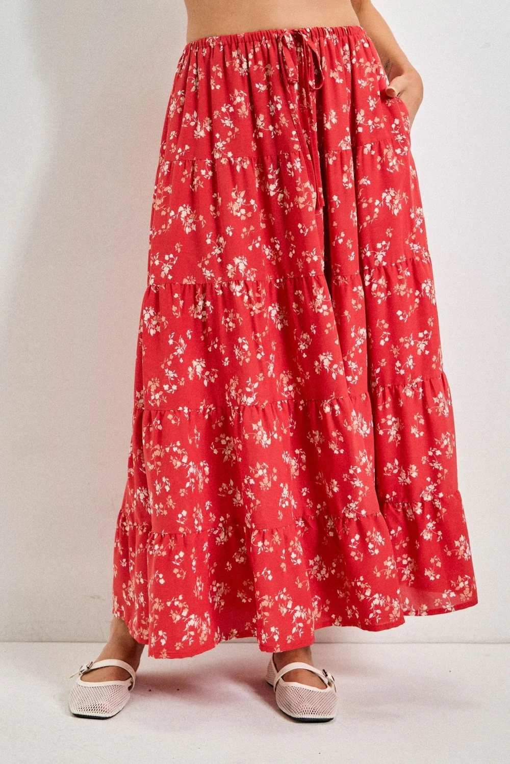 Red Floral Tiered Maxi Skirt - Image 2