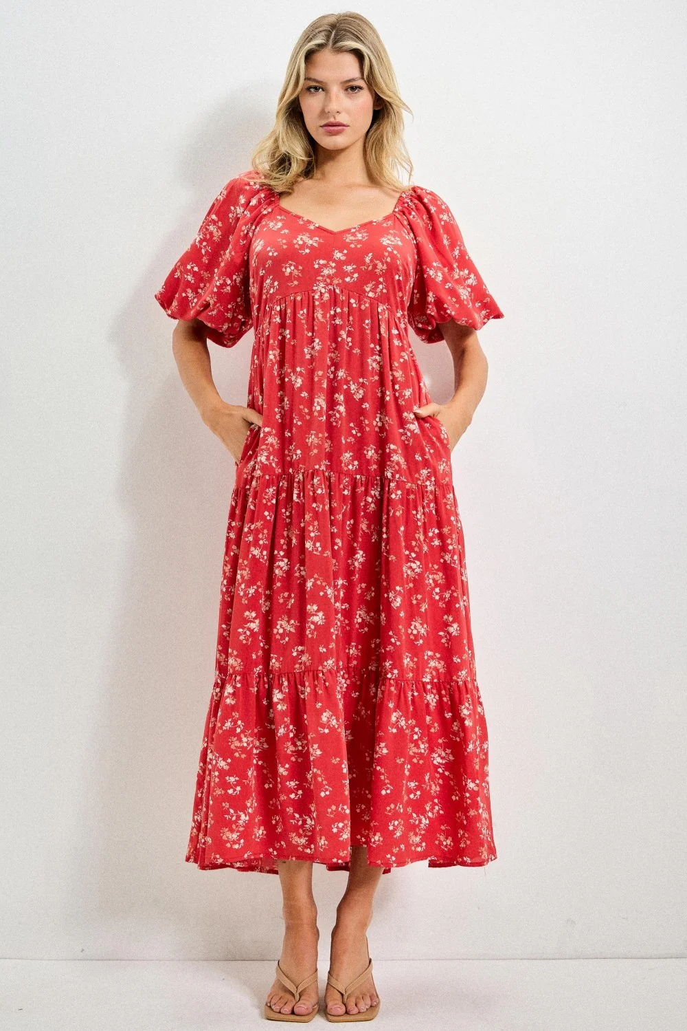 Red Floral Tiered Puff Sleeve Maternity Midi Dress - Image 5