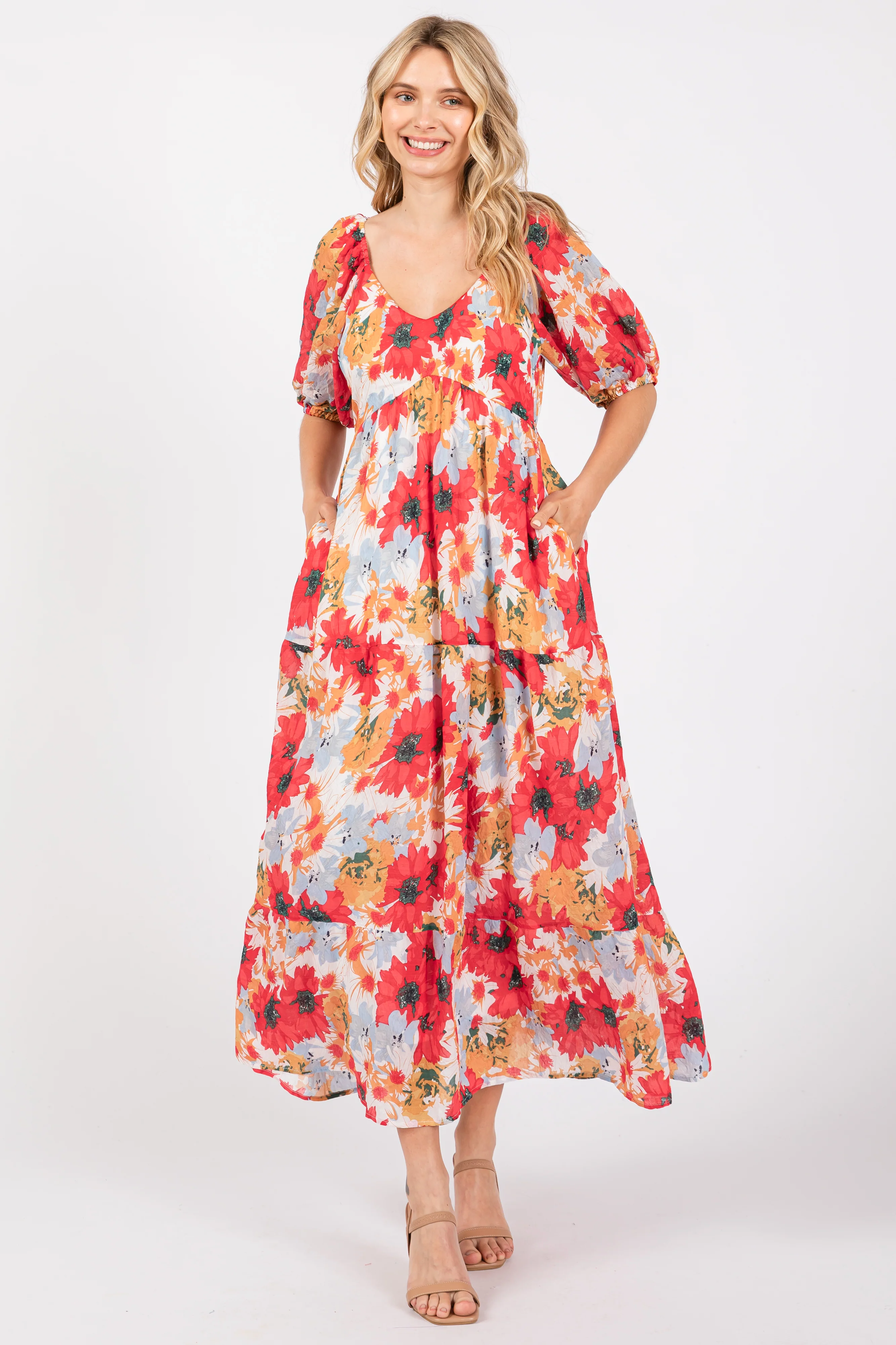 Red Floral V-Neck Short Puff Sleeve Tiered Maternity Midi Dress - Image 5