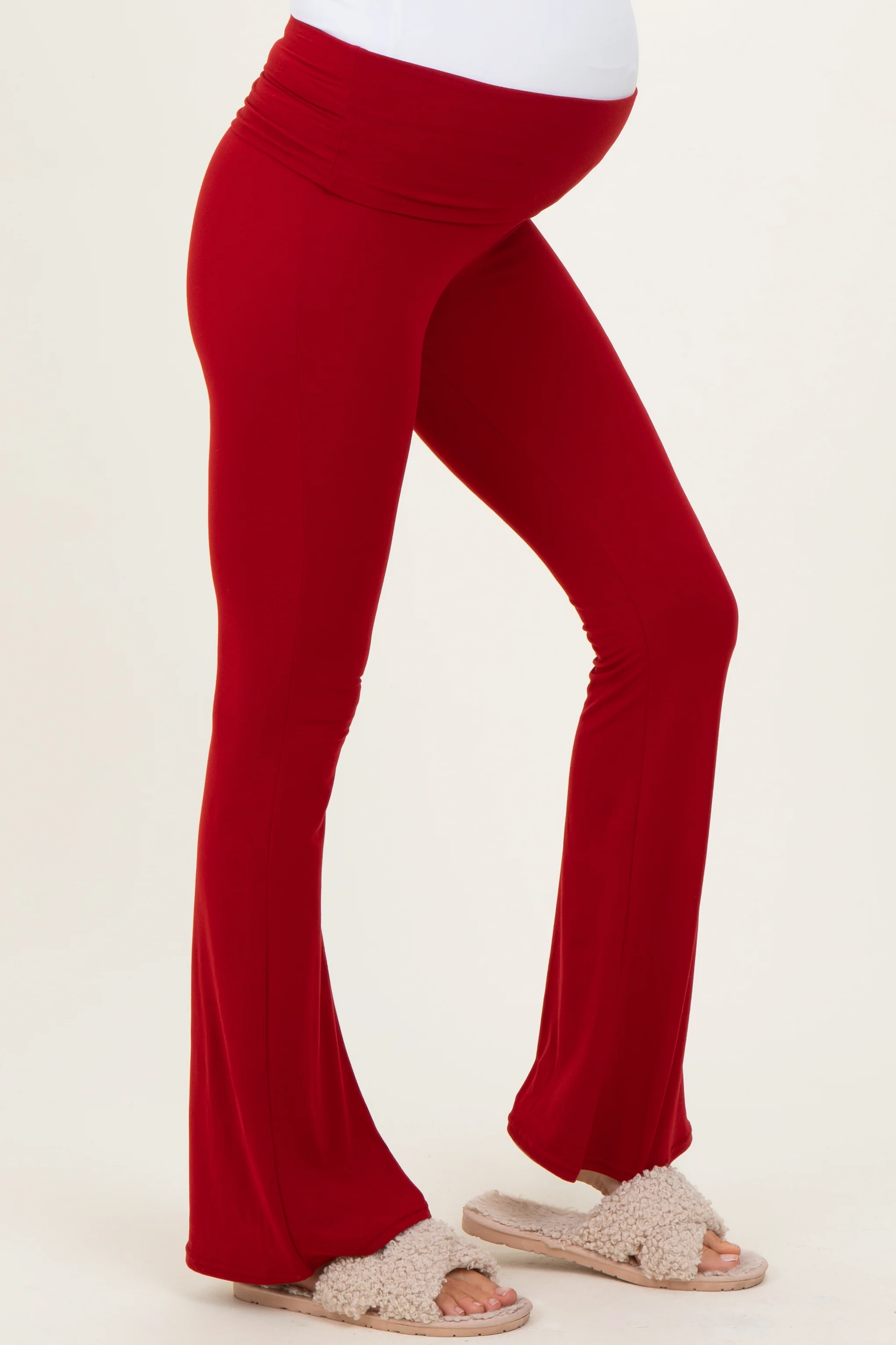 Red Fold Over Waistband Maternity Flared Pants - Image 4