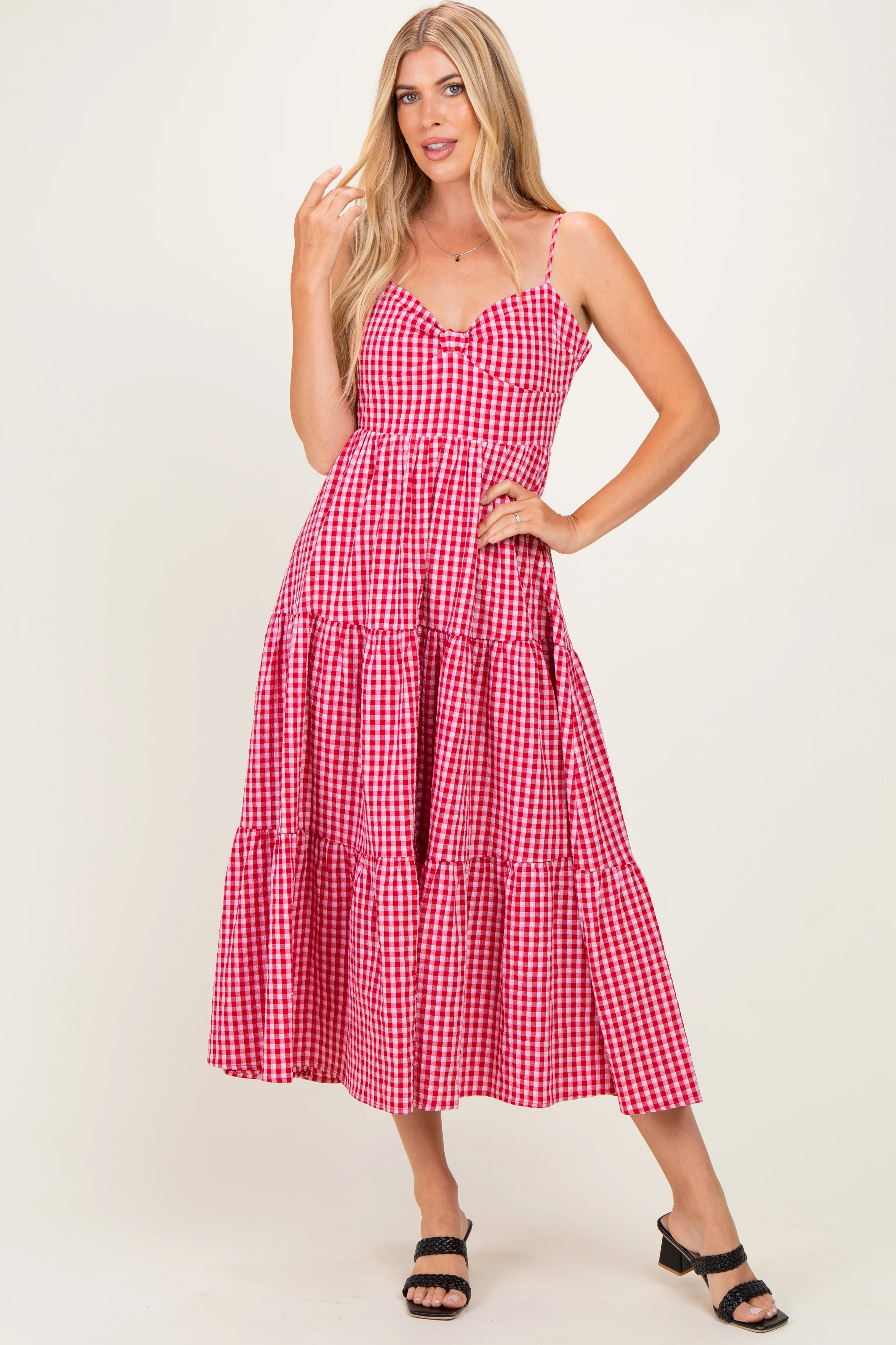 Red Gingham Cutout Tie Back Tiered Maternity Maxi Dress - Image 4