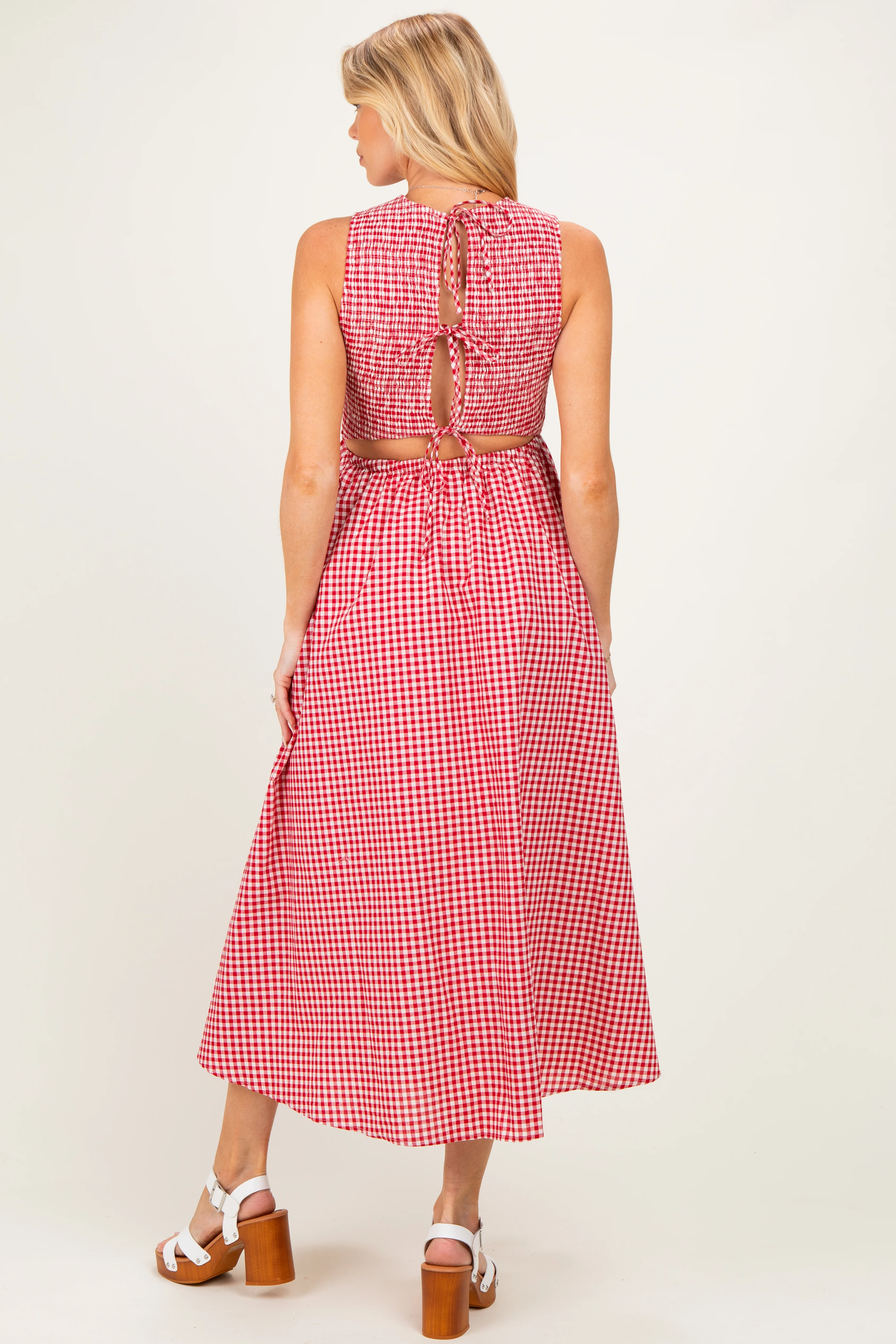 Red Gingham Smocked Cutout Tie Back Maternity Maxi Dress - Image 4