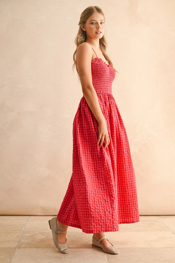 Red Gingham Smocked Ruffle Accent Maxi Dress - Image 3