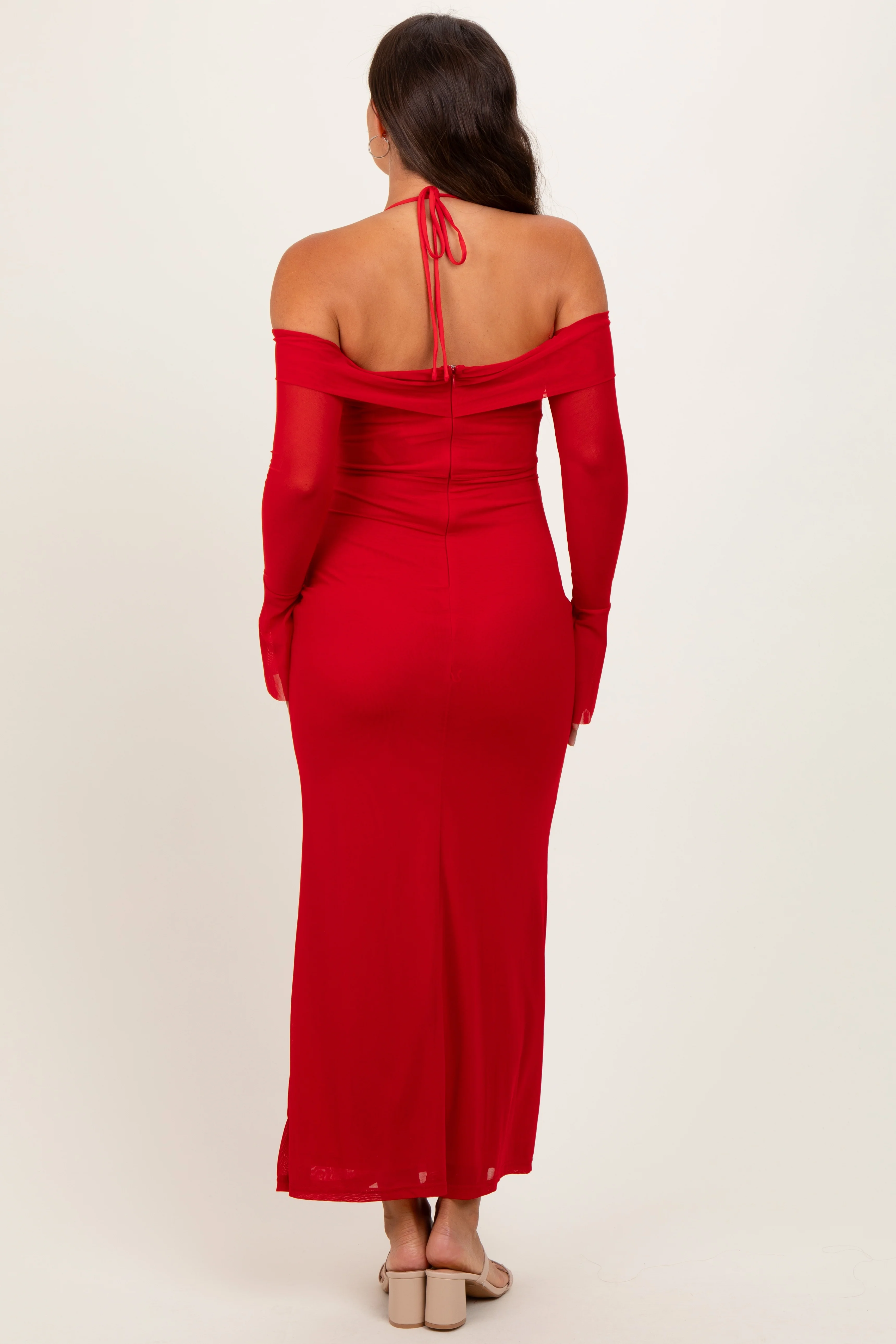 Red Halter Off Shoulder Mesh Maternity Maxi Dress - Image 4