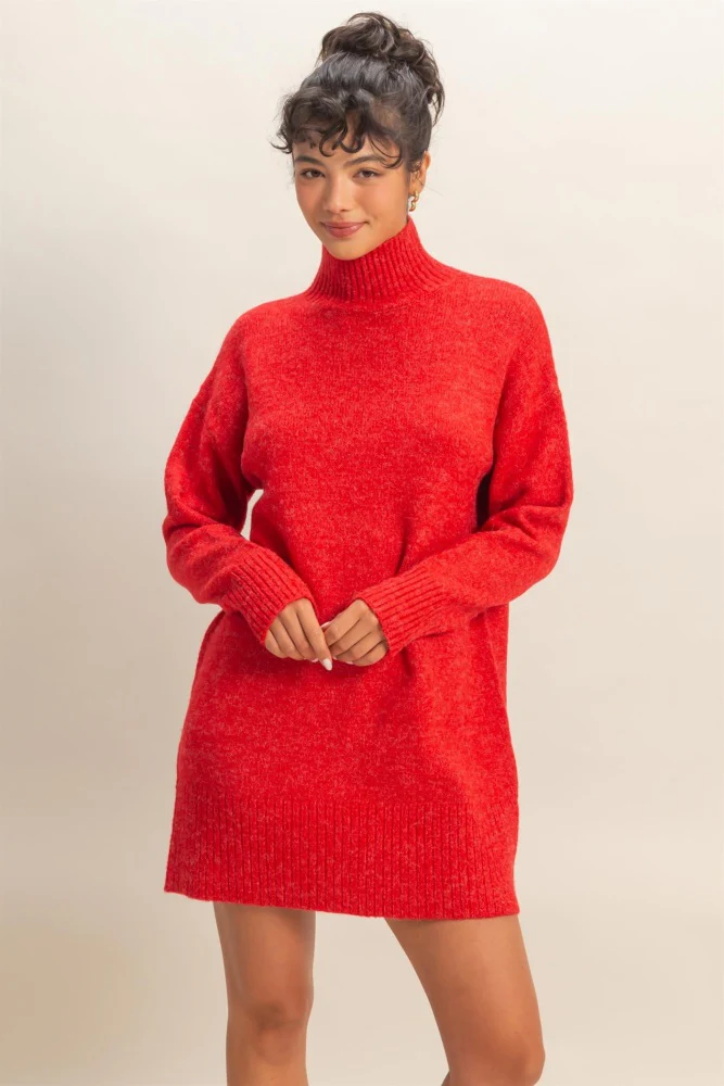 Red High Neck Sweater Mini Dress - Image 2