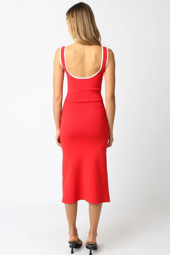 Red Knit Contrast Trim Square Neck Midi Dress - Image 4