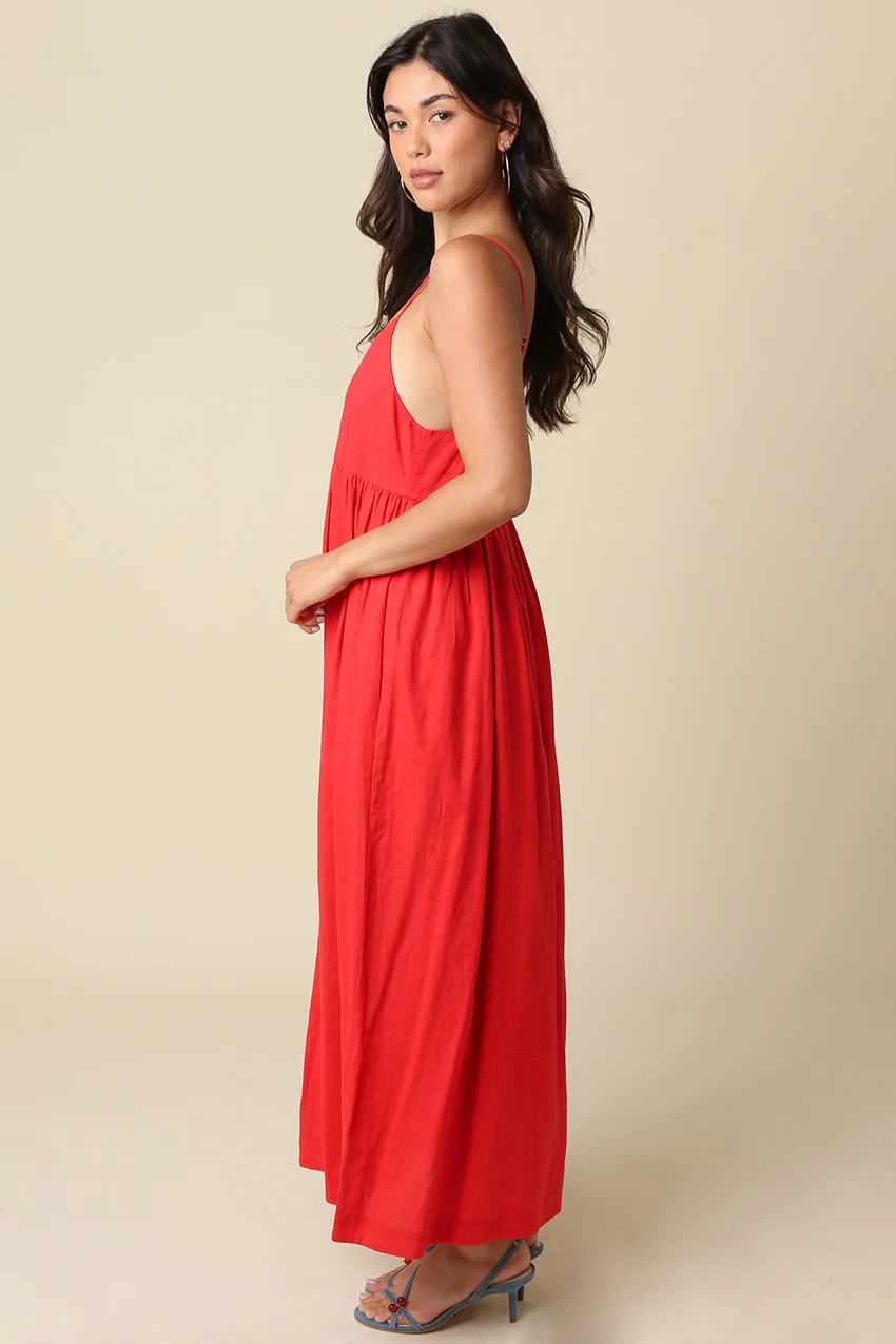 Red Linen Blend Sleeveless Maxi Dress - Image 3