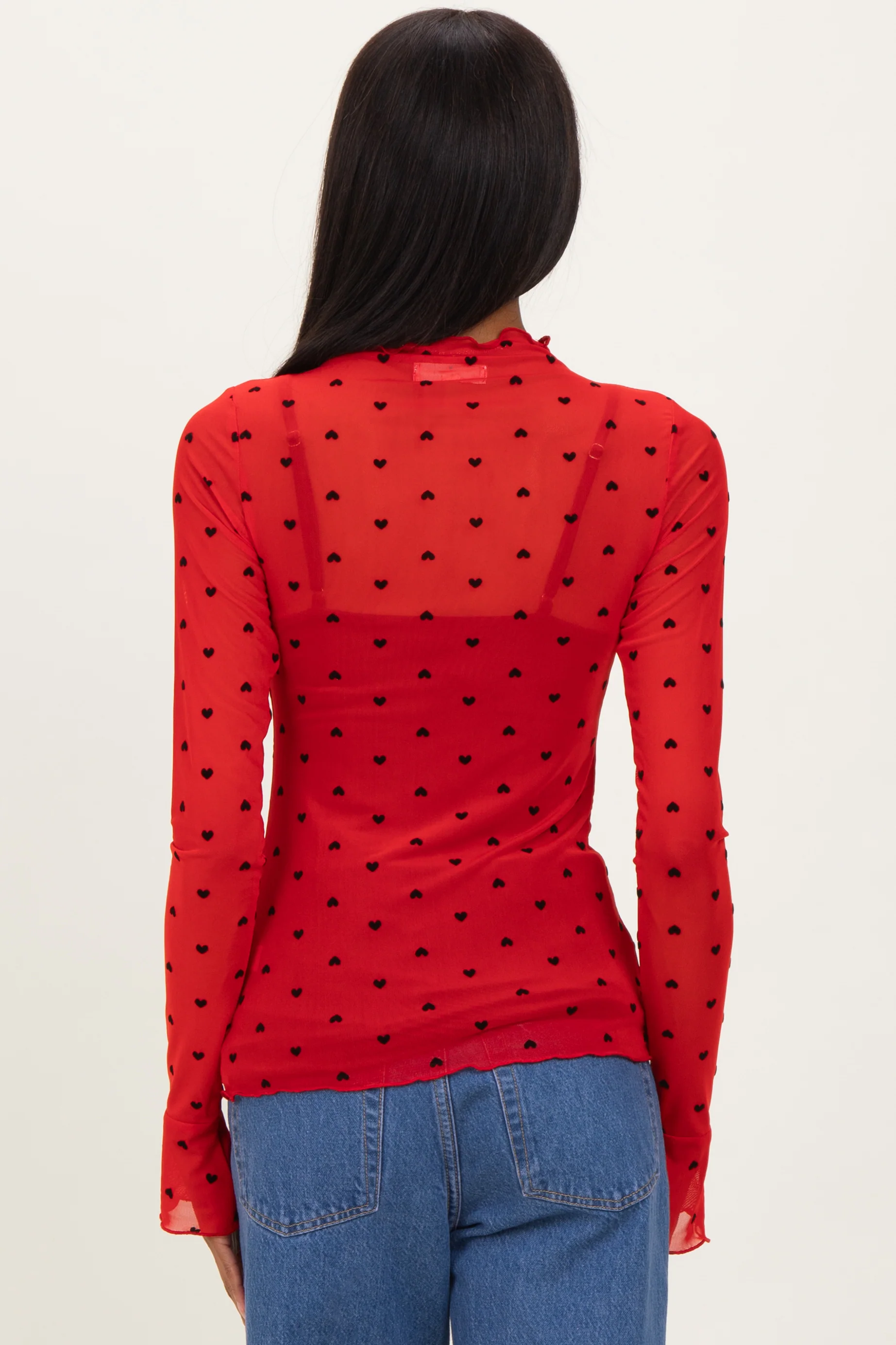 Red Mesh Heart High Neck Long Sleeve Top - Image 2