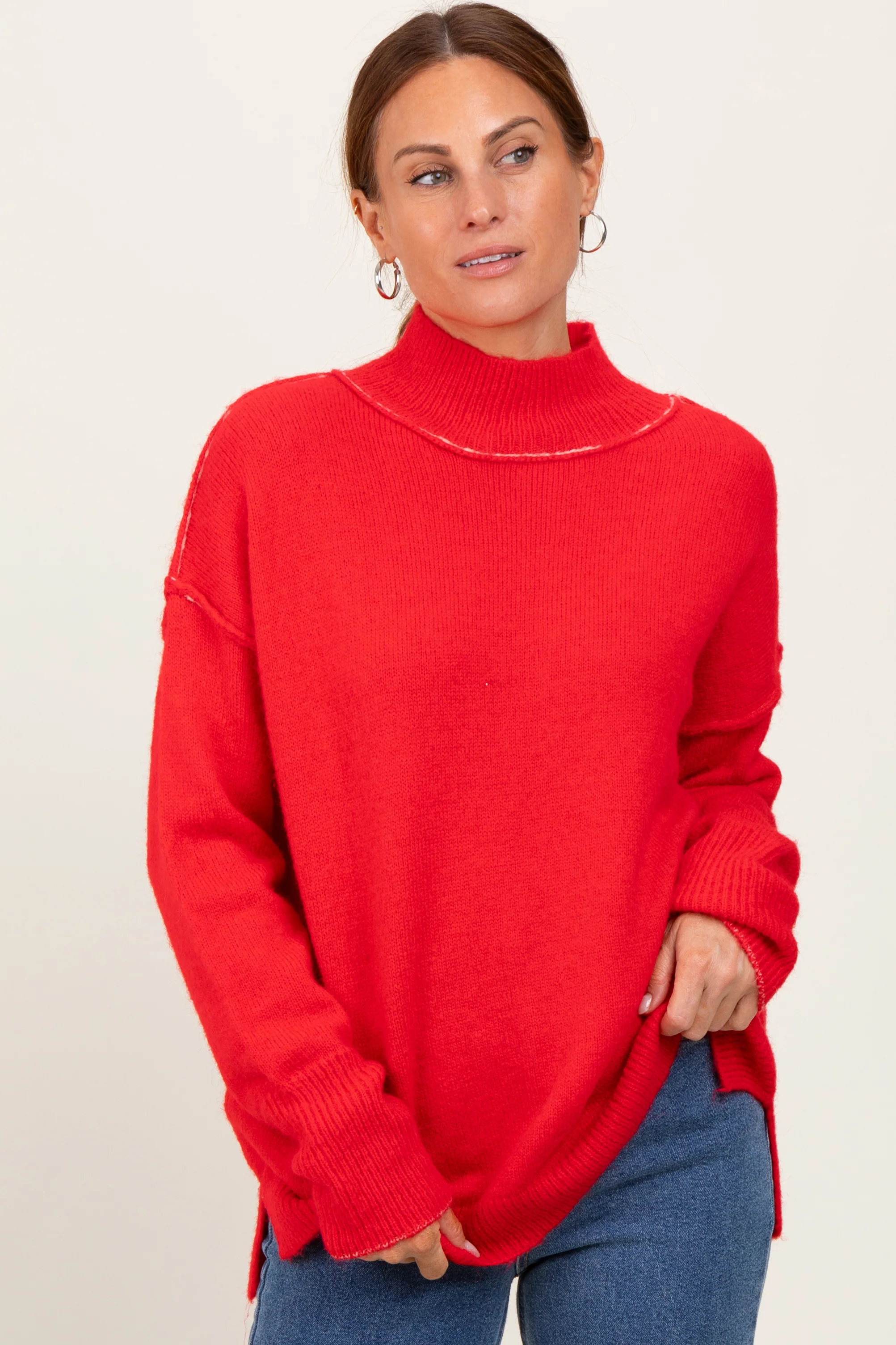 Red Mock Neck Contrast Seam Maternity Sweater - Image 6